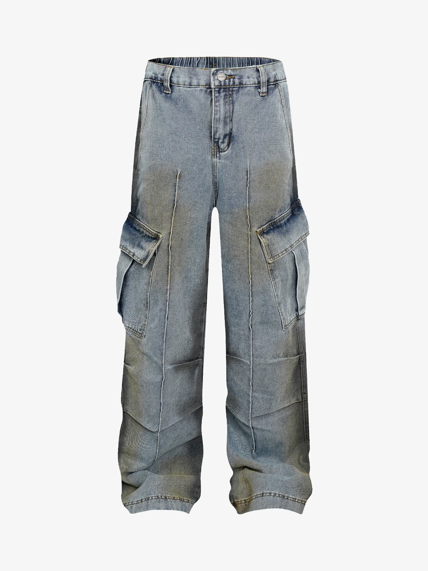 Washed Distressed Pleated Cargo Jeans