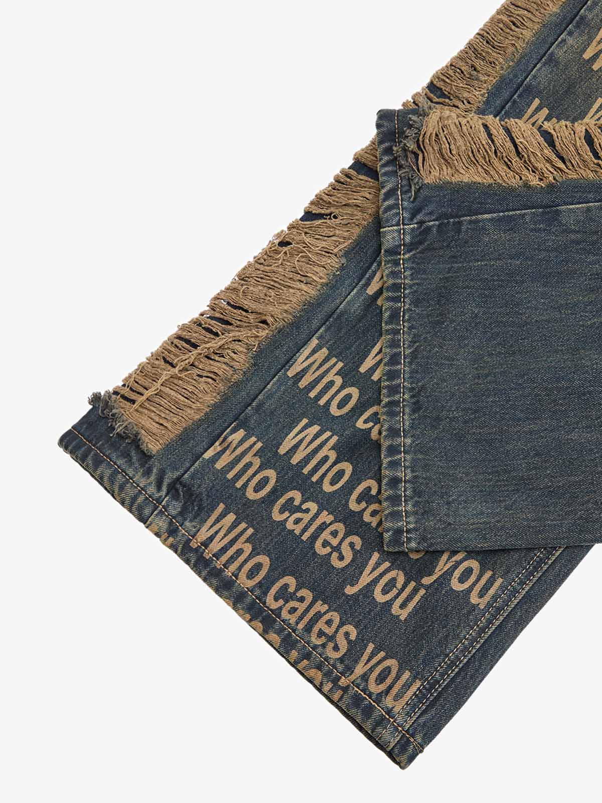 Washed Distressed 'Who Cares You' Print Straight Jeans - 2367