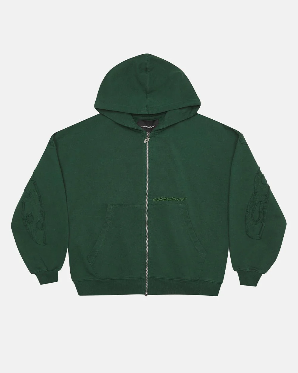 DISTRESS CURVED ZIP HOODIE GREEN