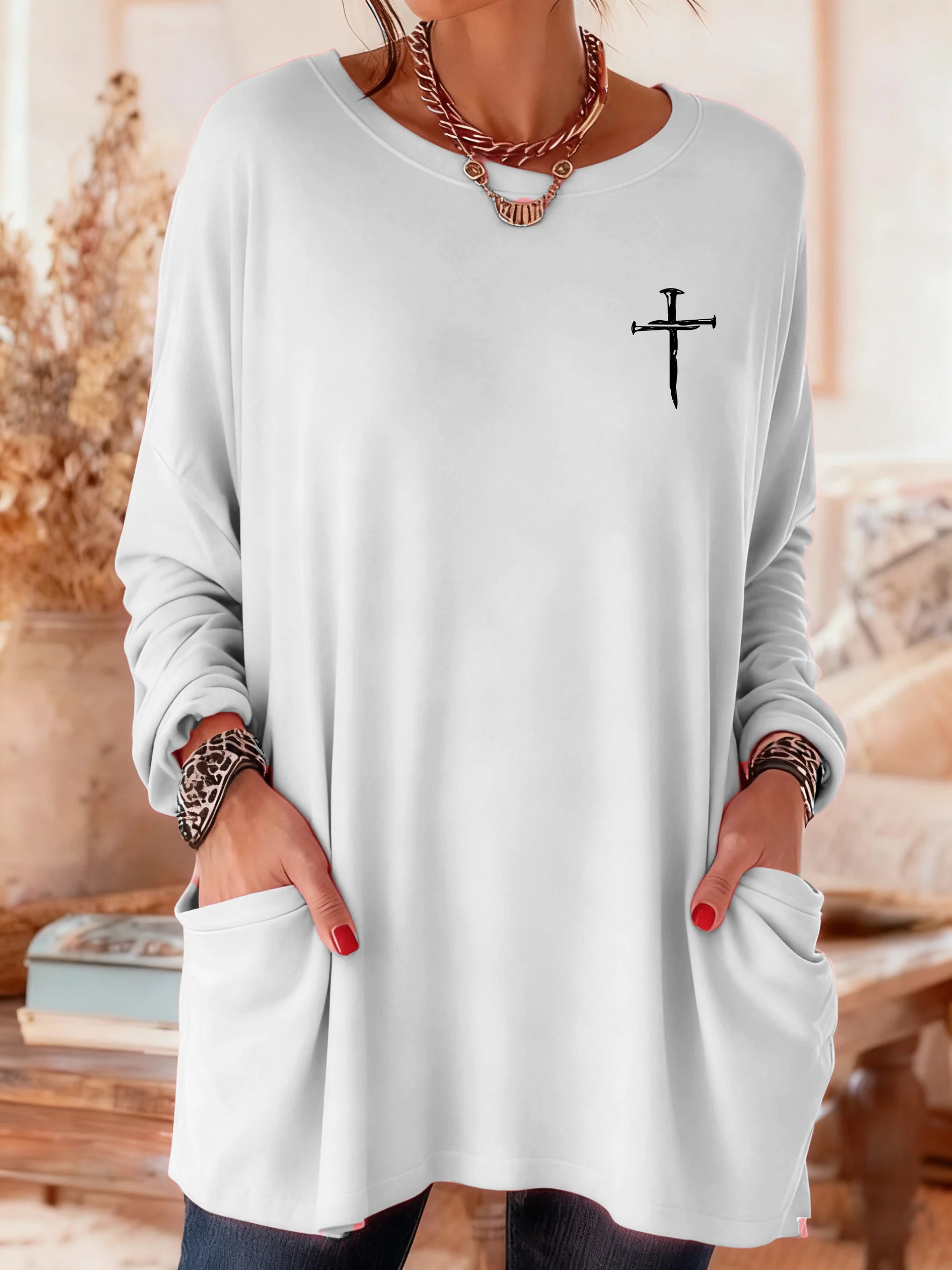 Women's Casual Christmas Faith Long-Sleeve Pocket T-Shirt