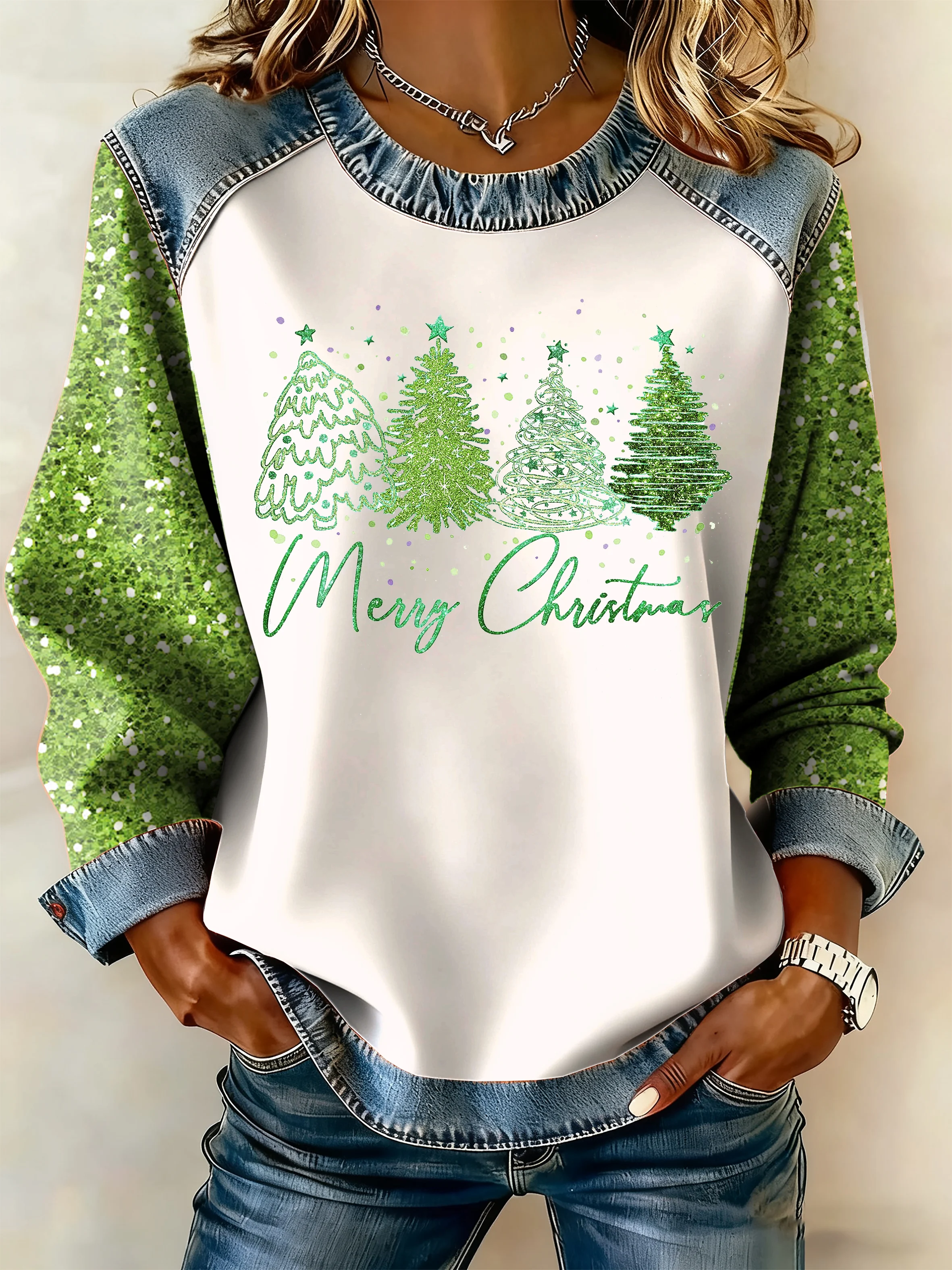 Women's Autumn Retro Christmas Tree Print Casual Sweatshirt