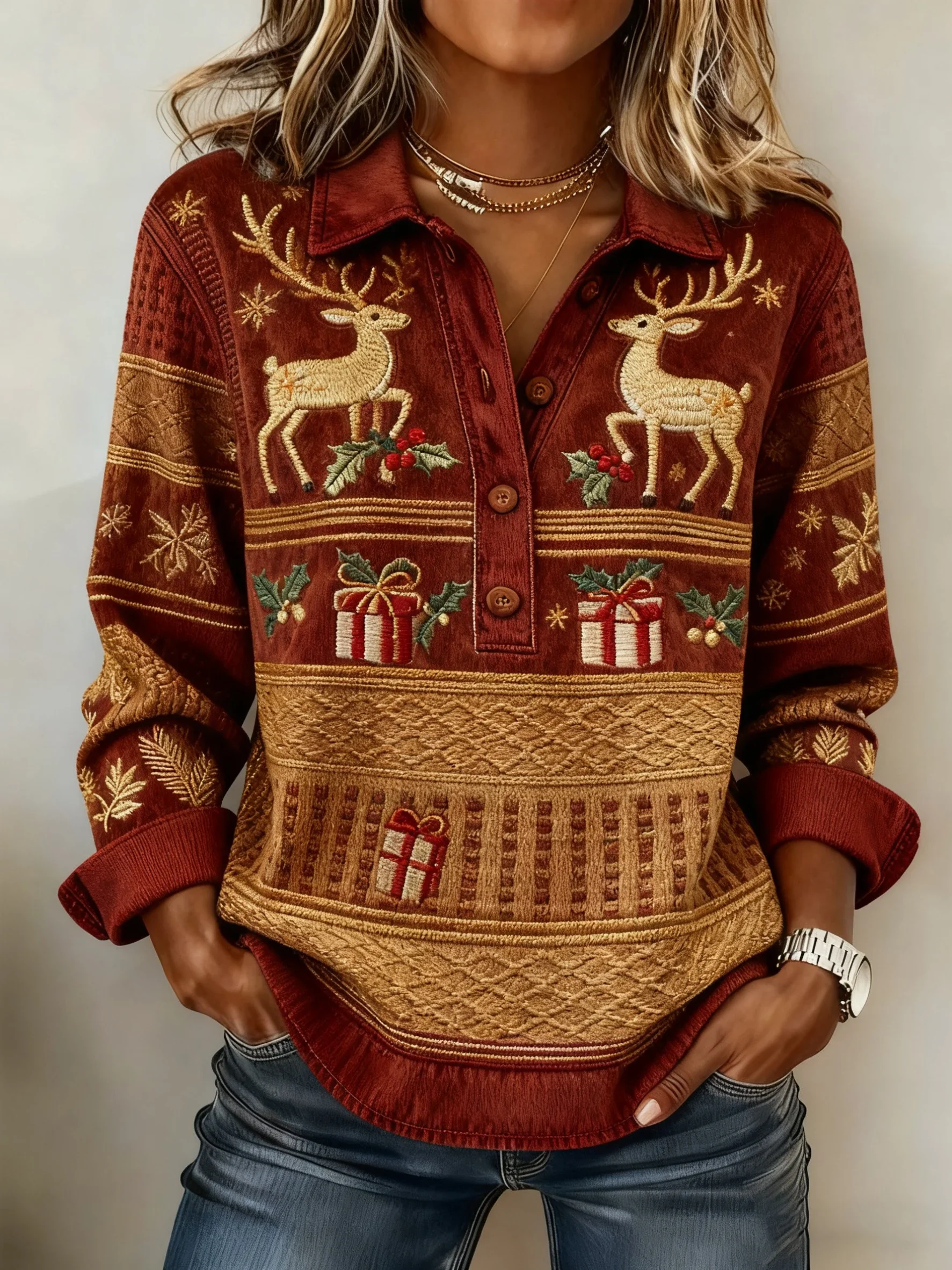 Women's Retro Christmas Casual Collared Top