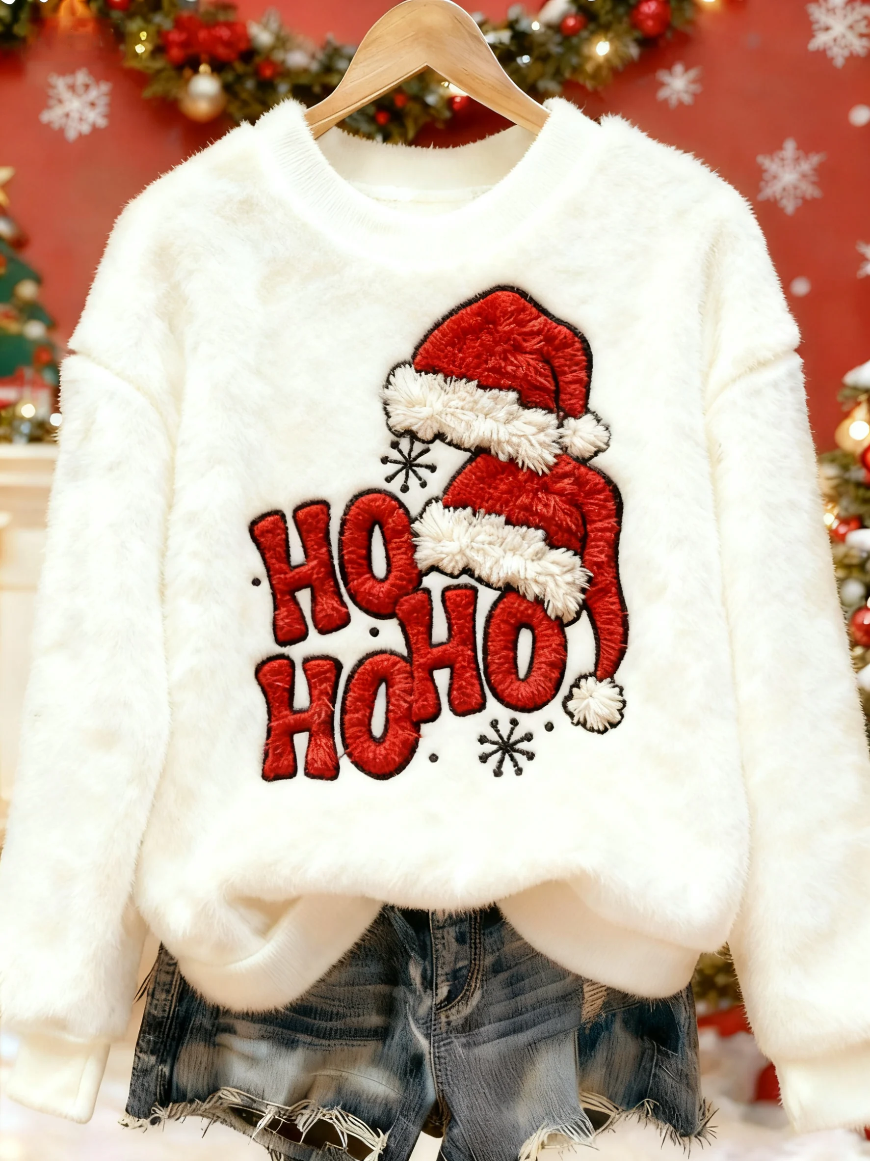 Women's Winter Christmas Print Flannel Crew Neck Fur Top