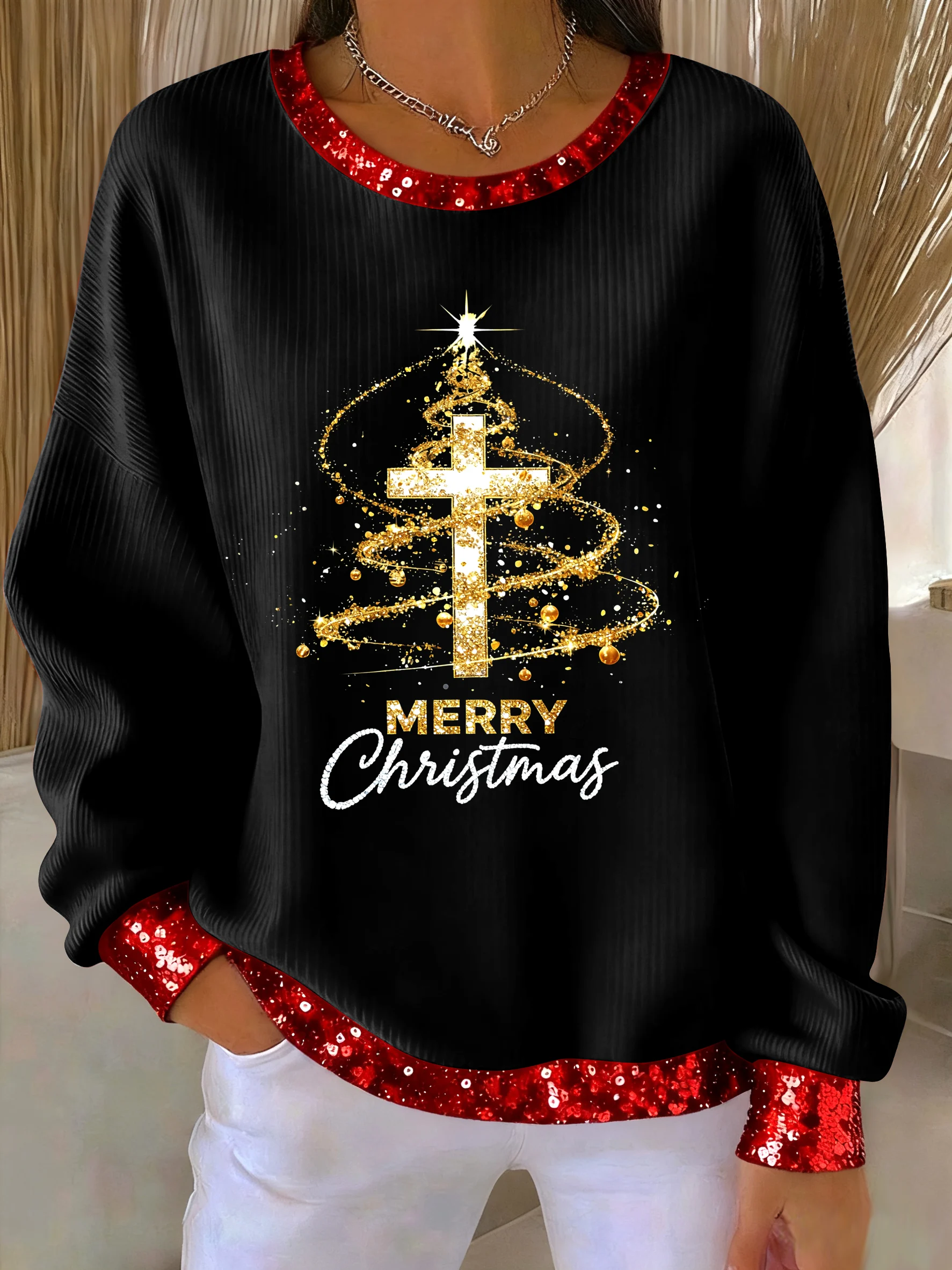 Women's Christmas Faith Cross Print Casual Sweatshirt