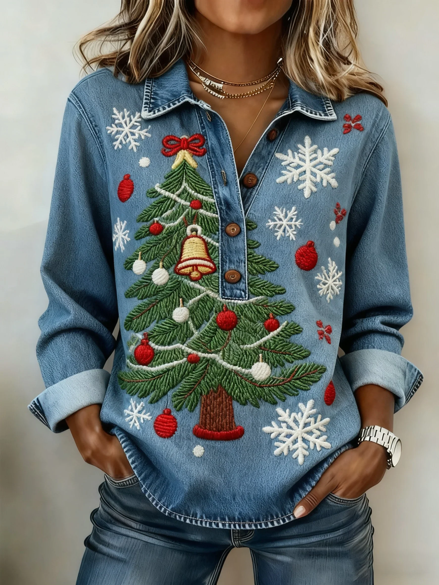 Women's Retro Christmas Casual Collared Top