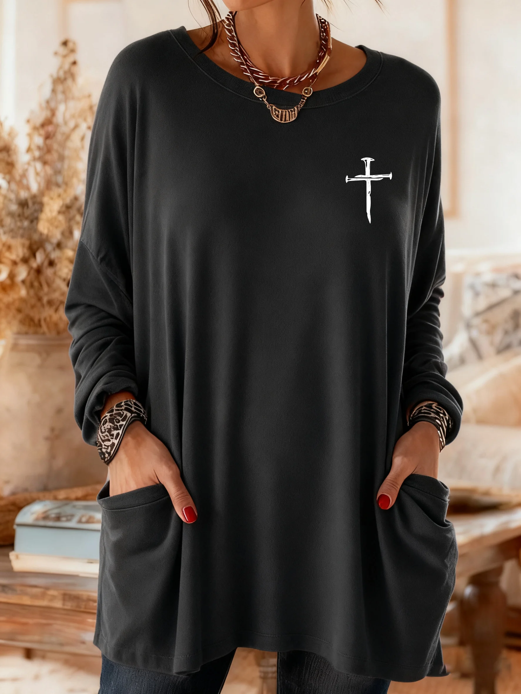 Women's Casual Christmas Faith Long-Sleeve Pocket T-Shirt