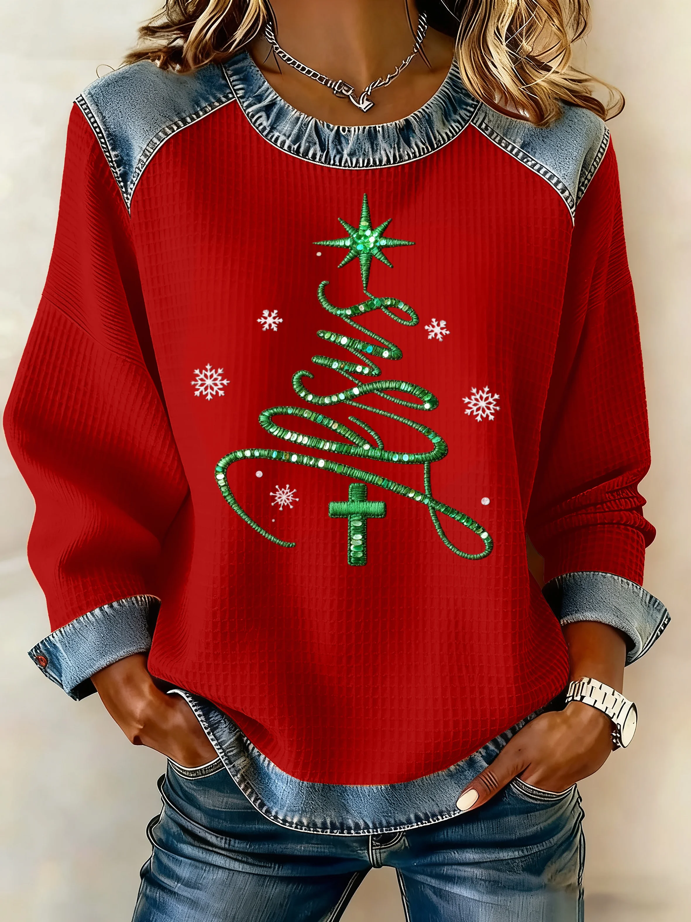 Women's Casual Christmas Waffle Patchwork denim blue Sweatshirt