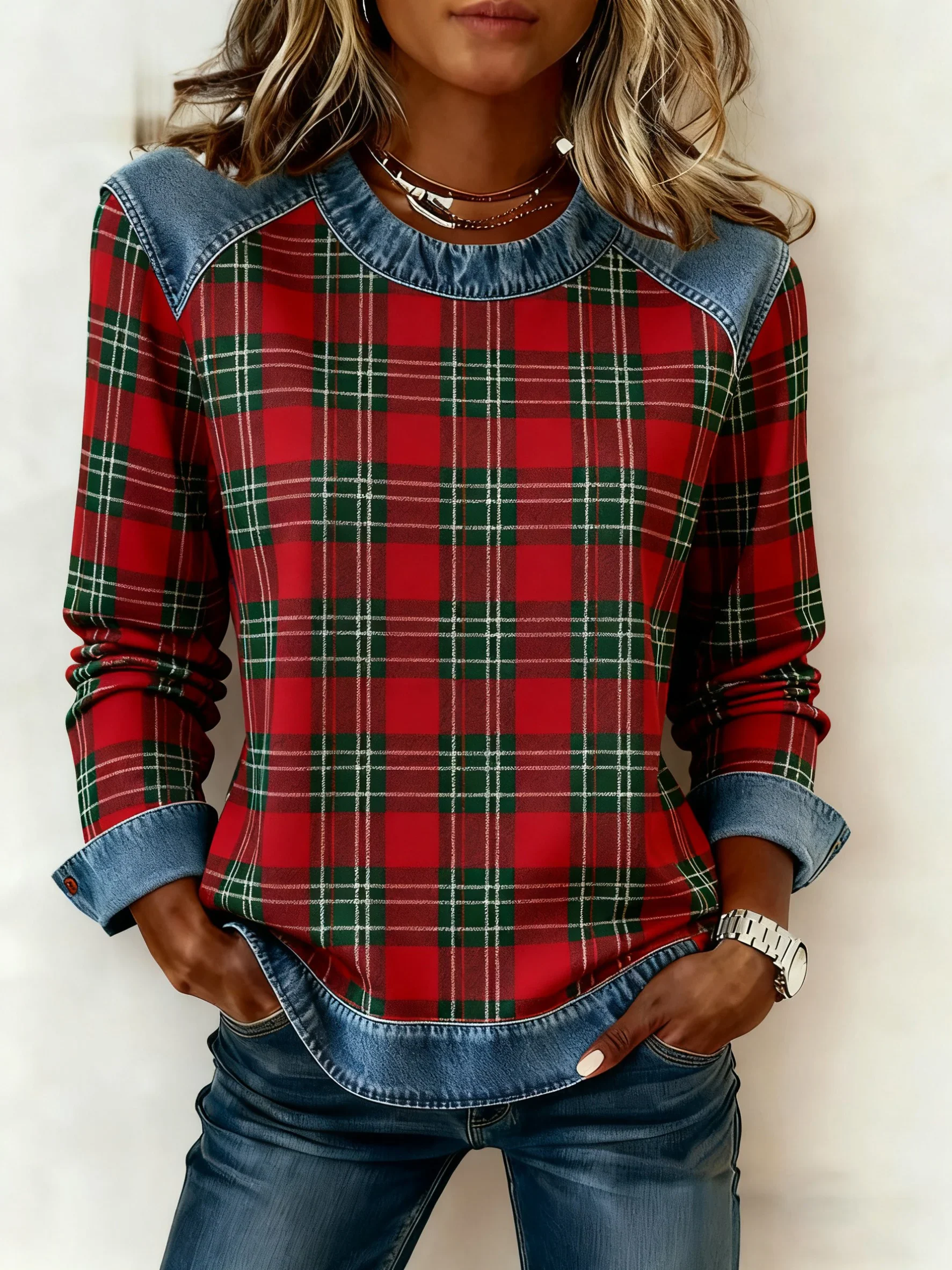 Women's Christmas Plaid Print Sweatshirt