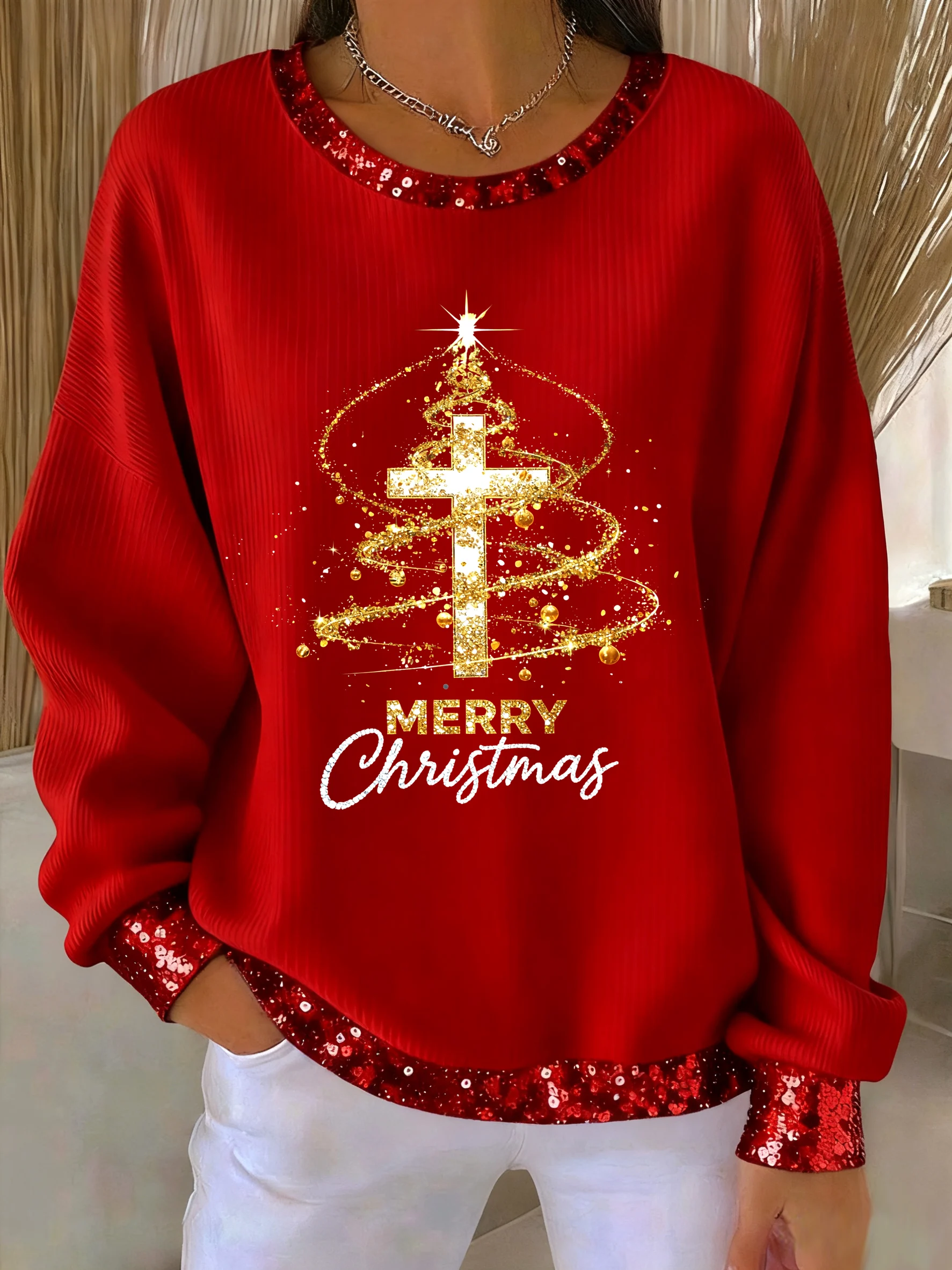 Women's Christmas Faith Cross Print Casual Sweatshirt