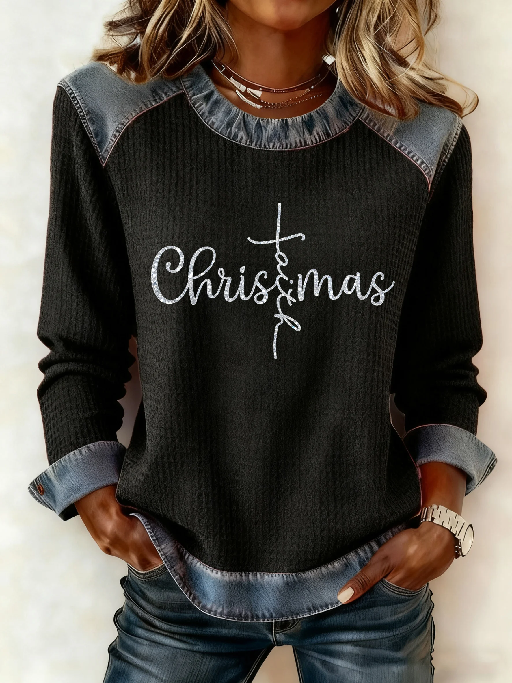 Women's Autumn/Winter Christmas Faith Imitation Denim Print Top