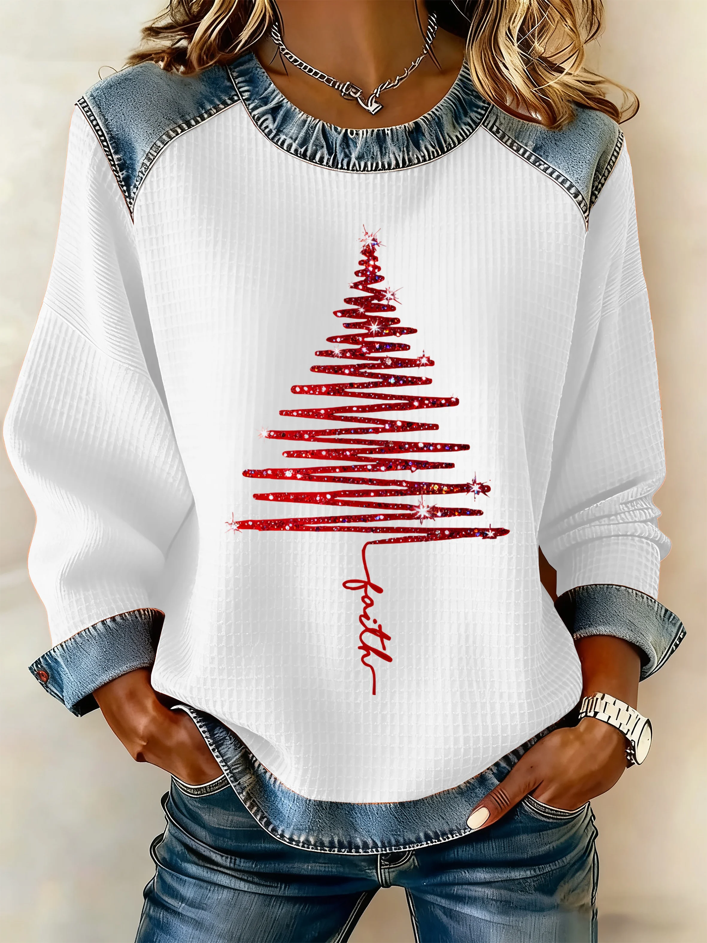 Women's Christmas Waffle Crew Neck Casual Sweatshirt