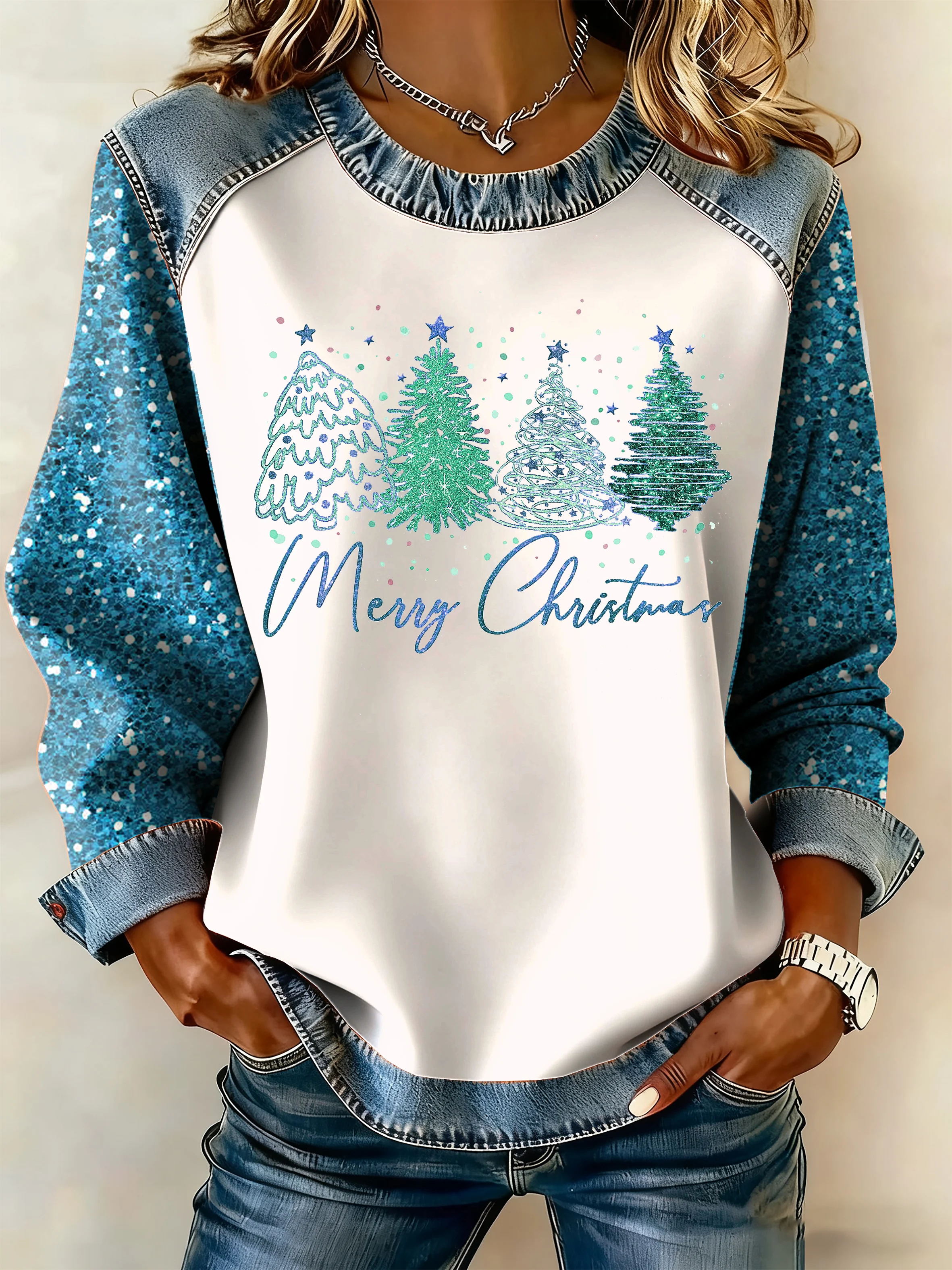 Women's Autumn Retro Christmas Tree Print Casual Sweatshirt
