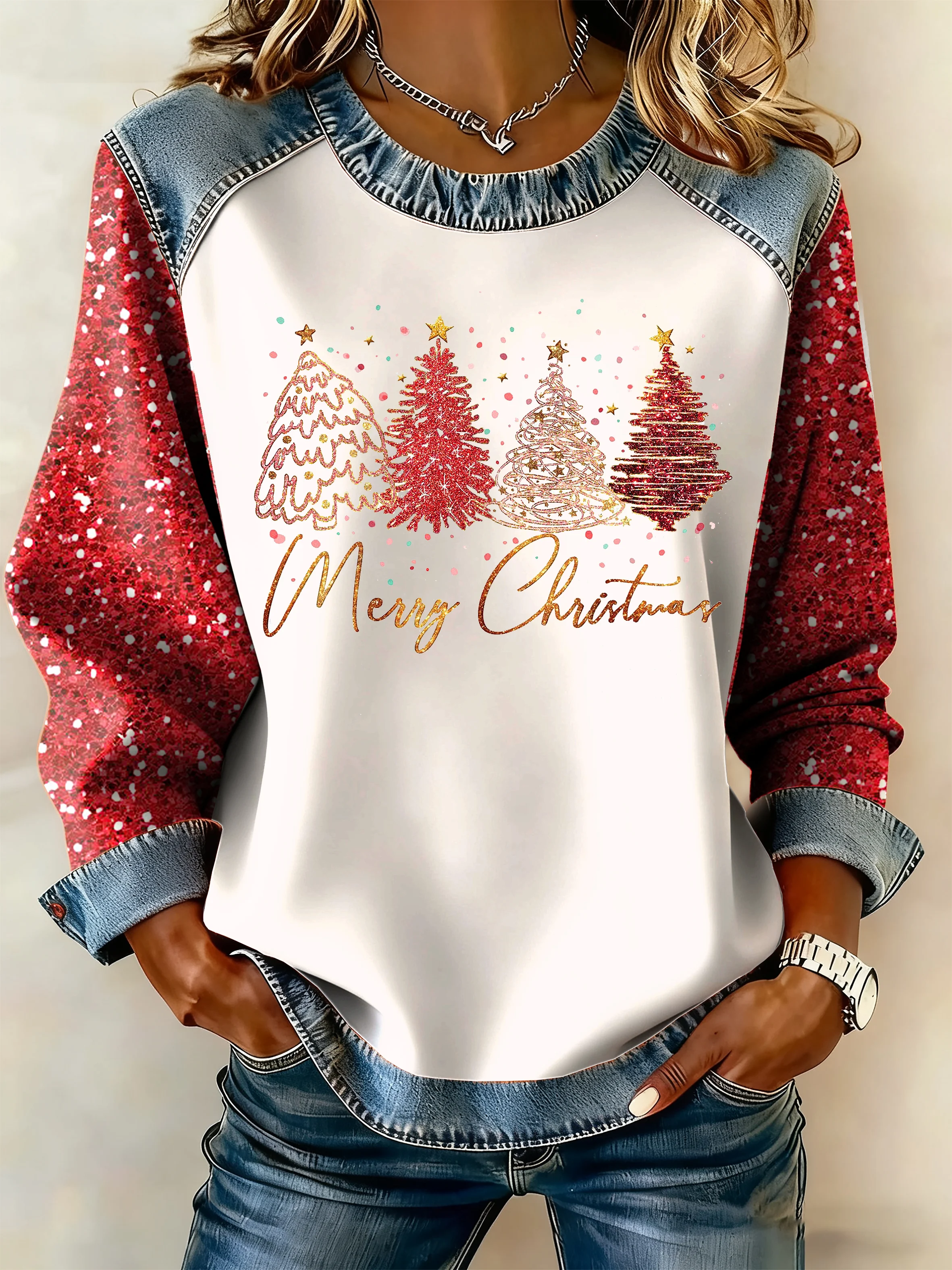Women's Autumn Retro Christmas Tree Print Casual Sweatshirt