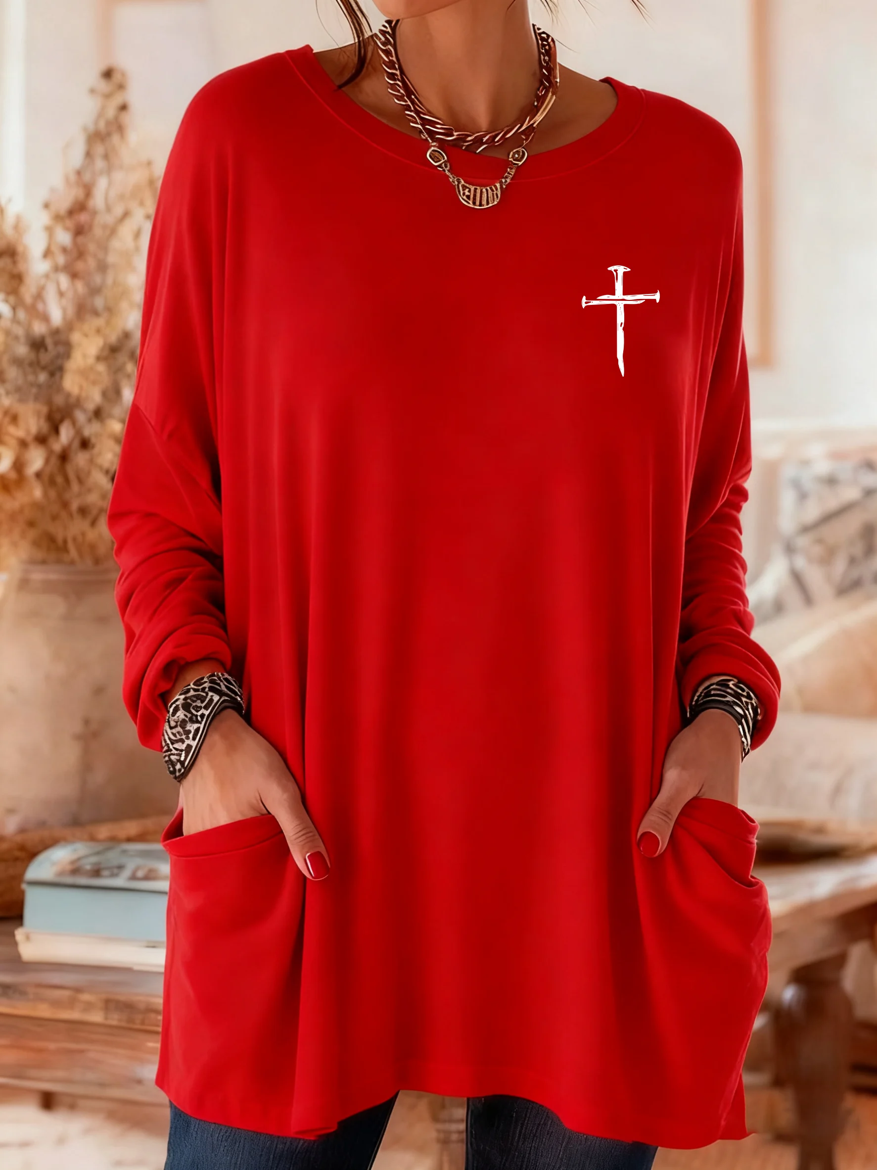Women's Casual Christmas Faith Long-Sleeve Pocket T-Shirt