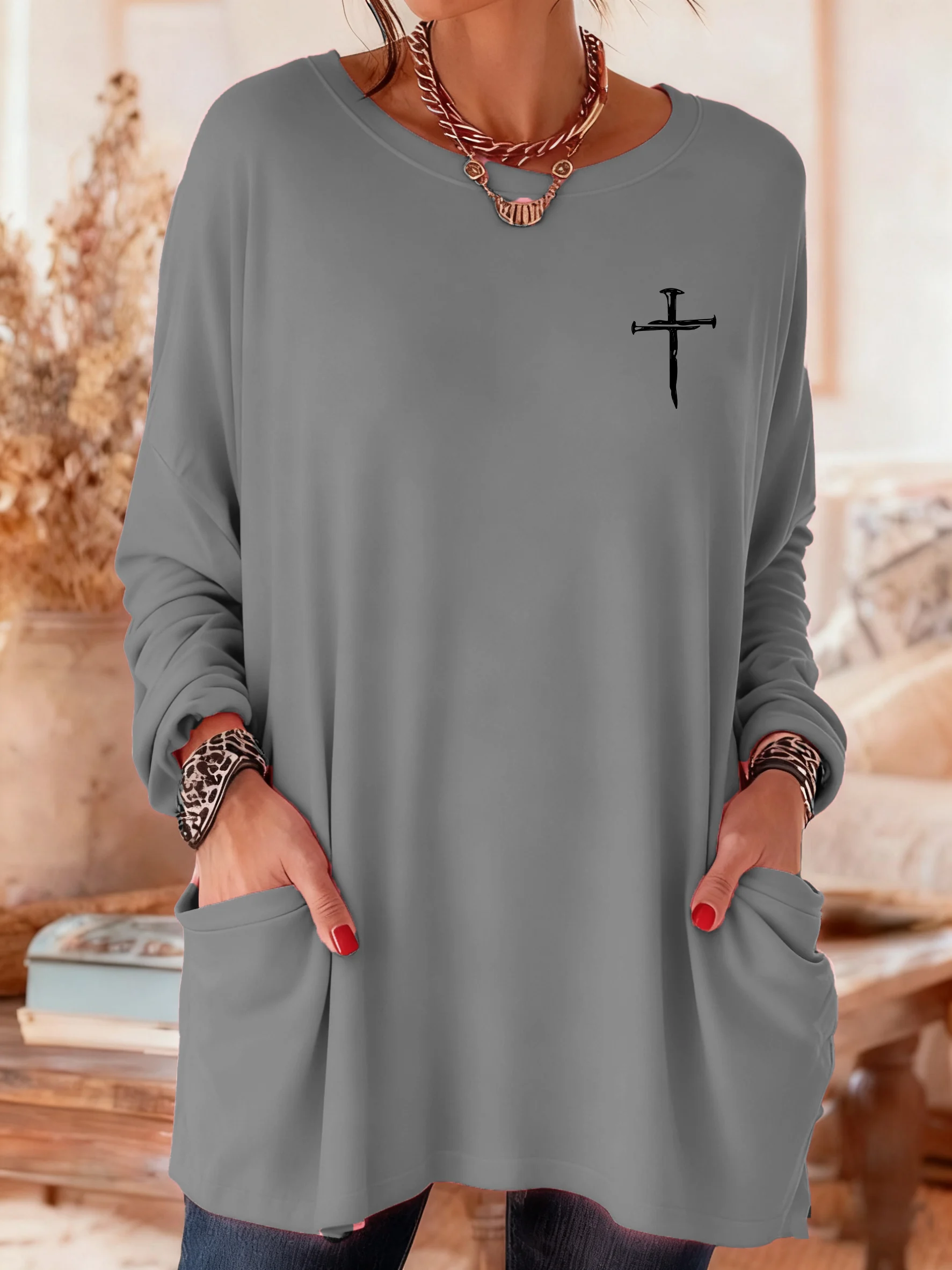 Women's Casual Christmas Faith Long-Sleeve Pocket T-Shirt