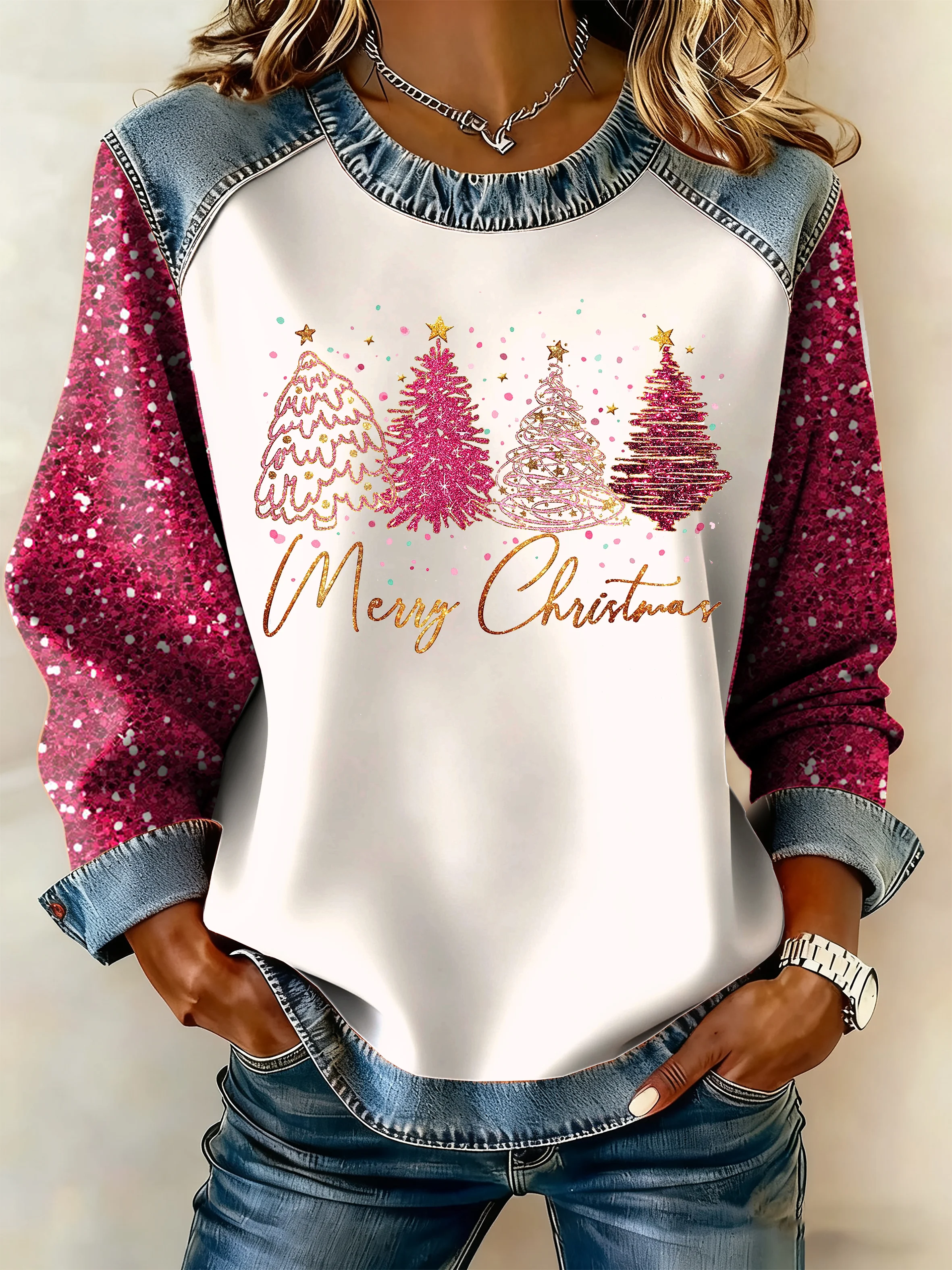 Women's Autumn Retro Christmas Tree Print Casual Sweatshirt