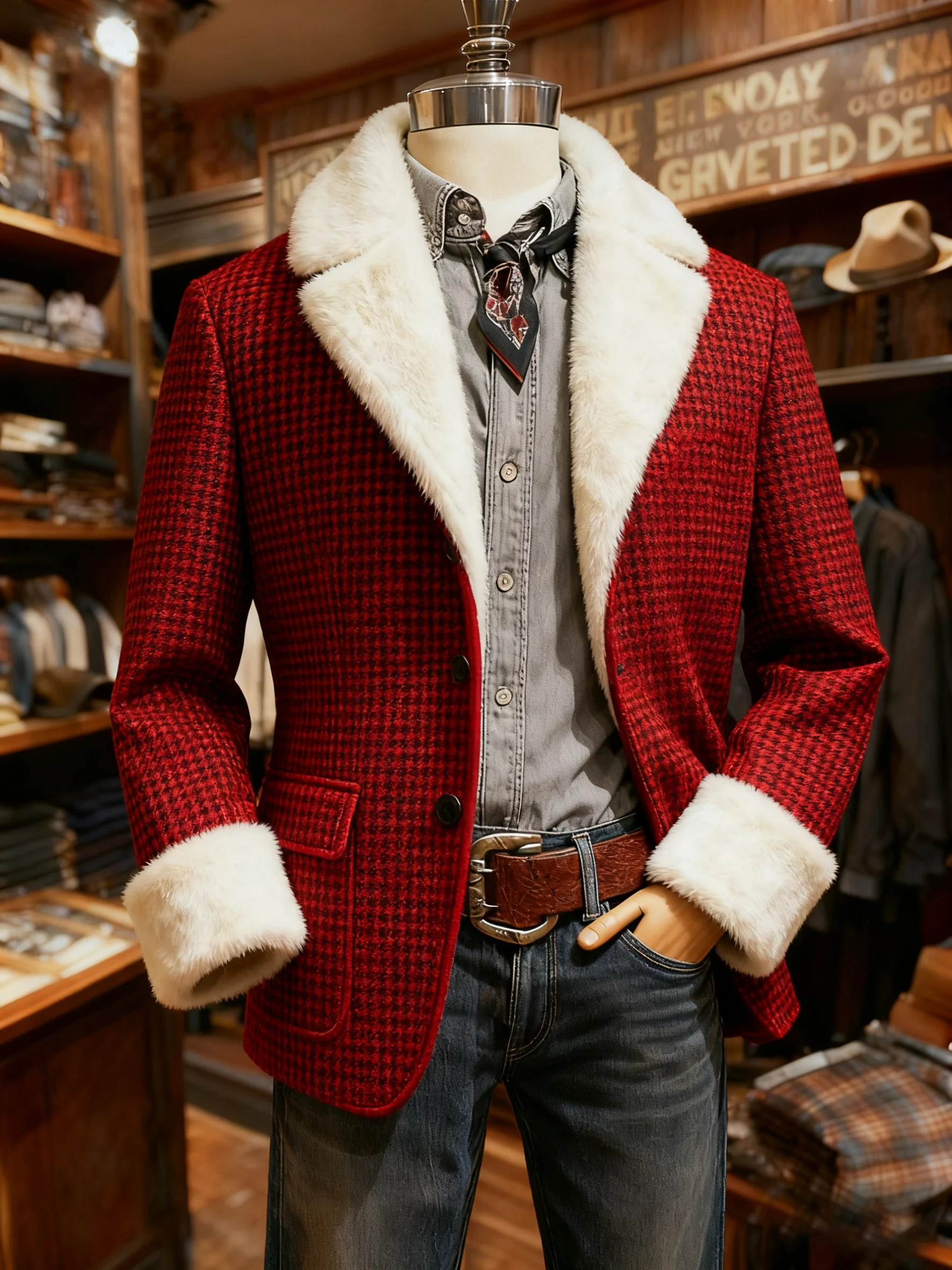 Men's Retro Christmas Plaid Lapel Fur Collar Casual Suit Jacket