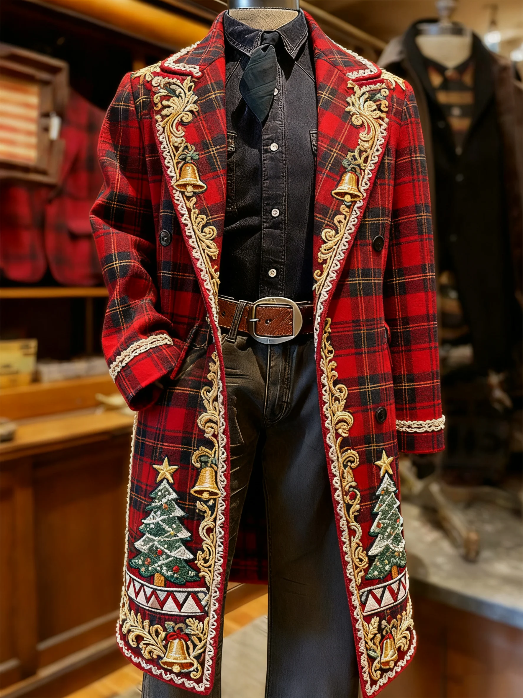 Men's Business Christmas Snowflake Long Wool Coat