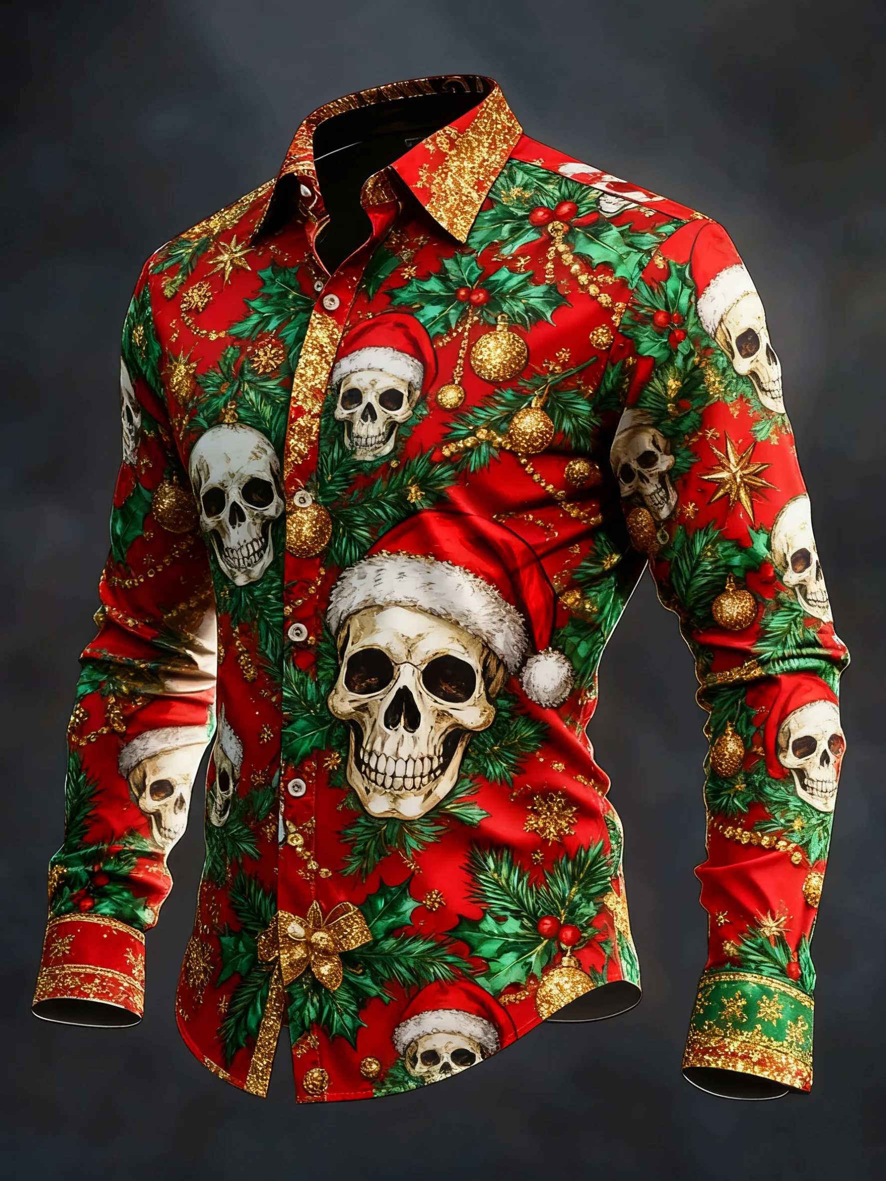 Men's Vintage Skull Christmas Party Long Sleeve Shirt