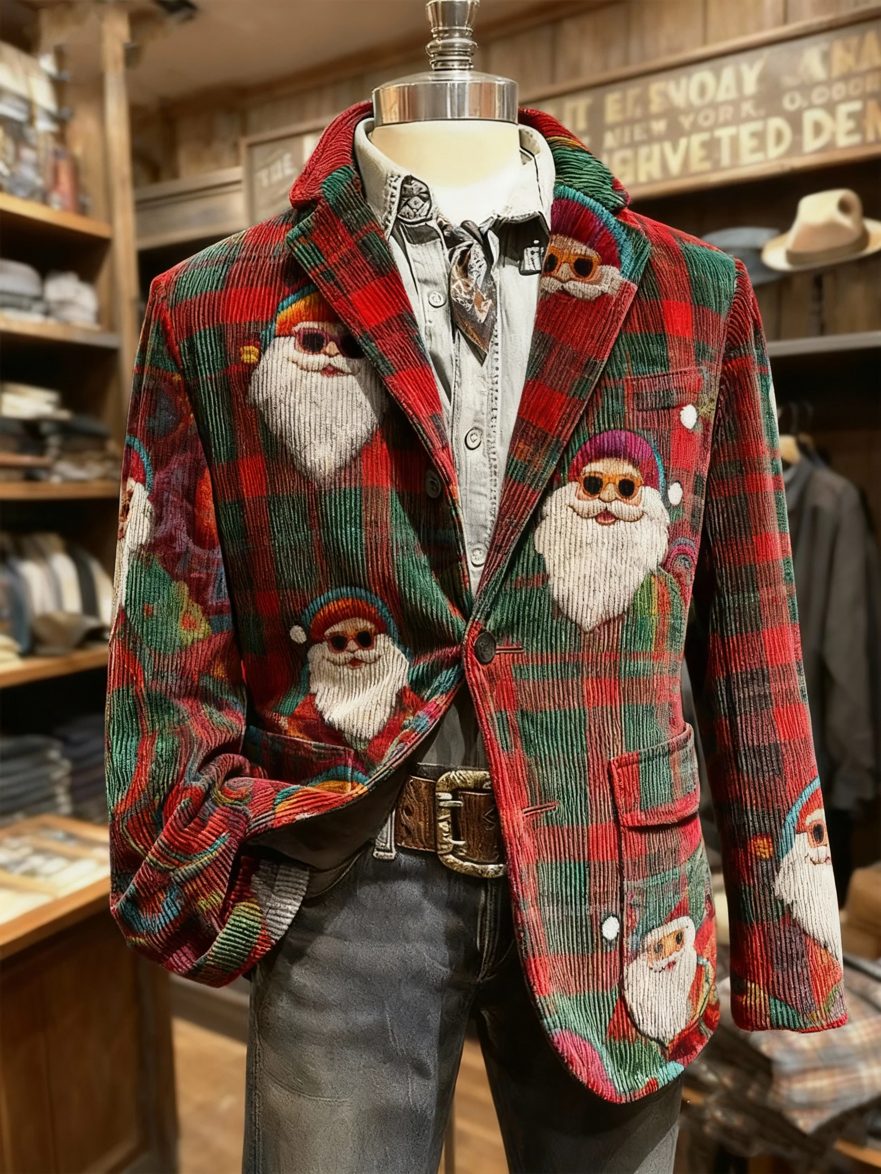 Men's Vintage Plaid Christmas Santa Print Casual Jacket
