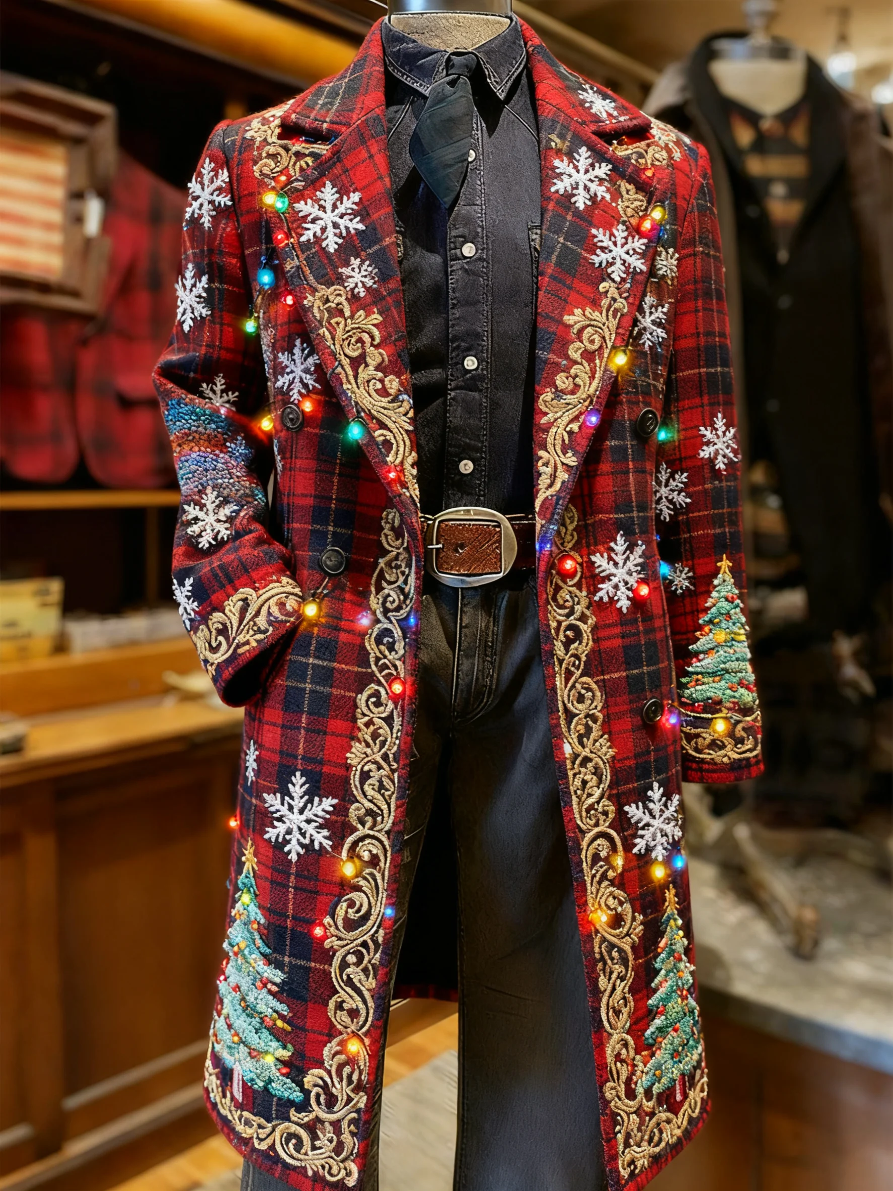 Men's Business Christmas Snowflake Long Wool Coat