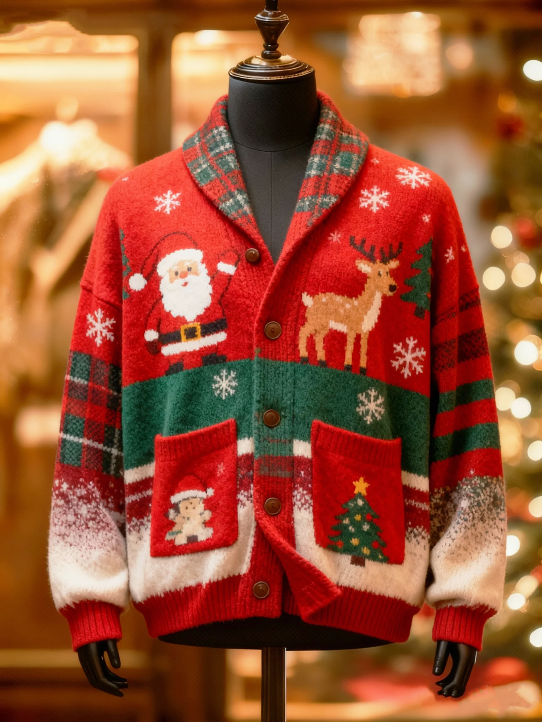 Unisex Christmas Cardigan Sweater with Santa and Reindeer Pattern
