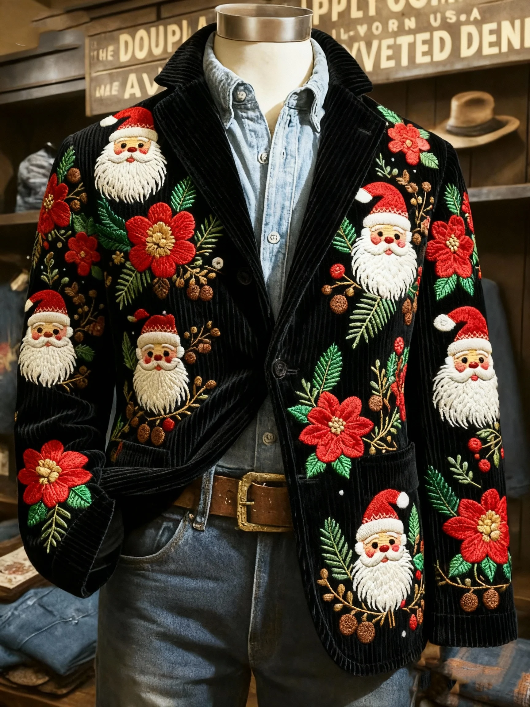 Vintage Christmas Santa Holly Berries Print Casual Jacket