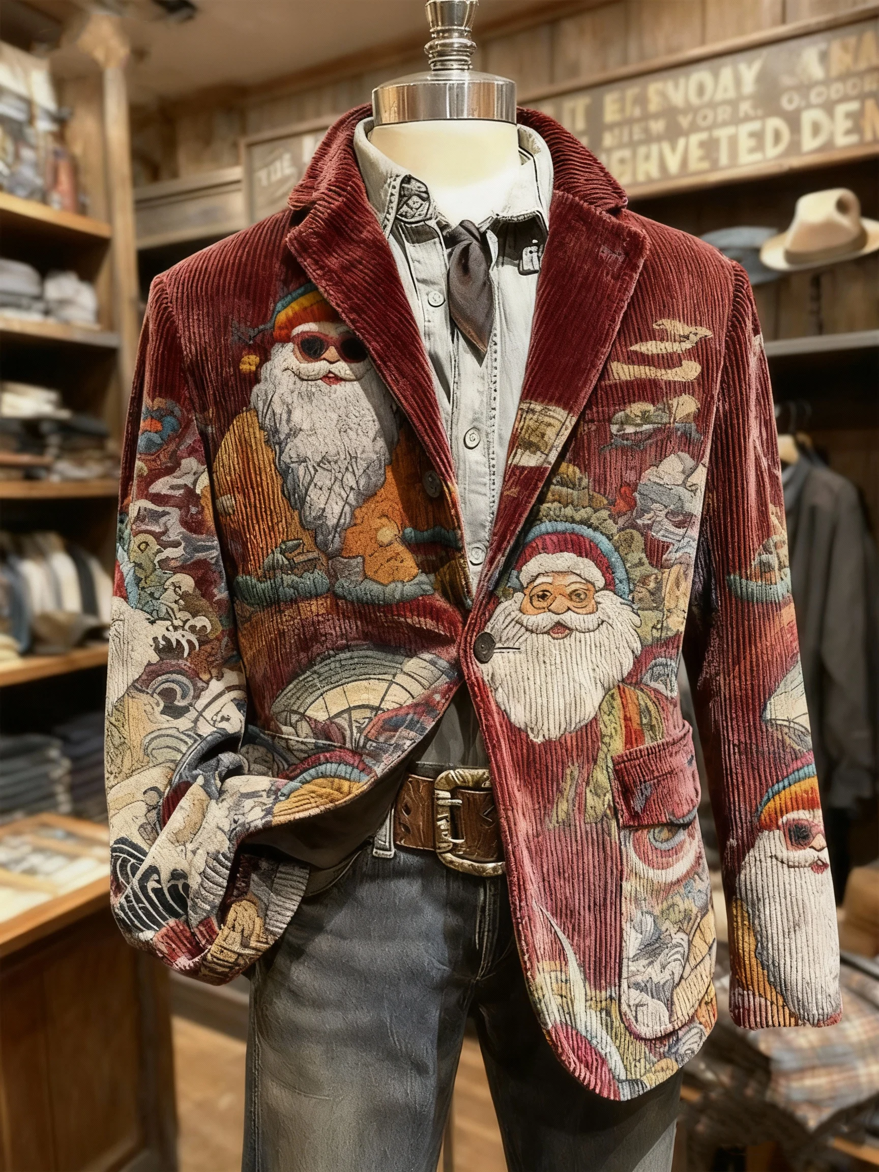 Men's Vintage Ukiyo-e Christmas Santa Print Casual Jacket