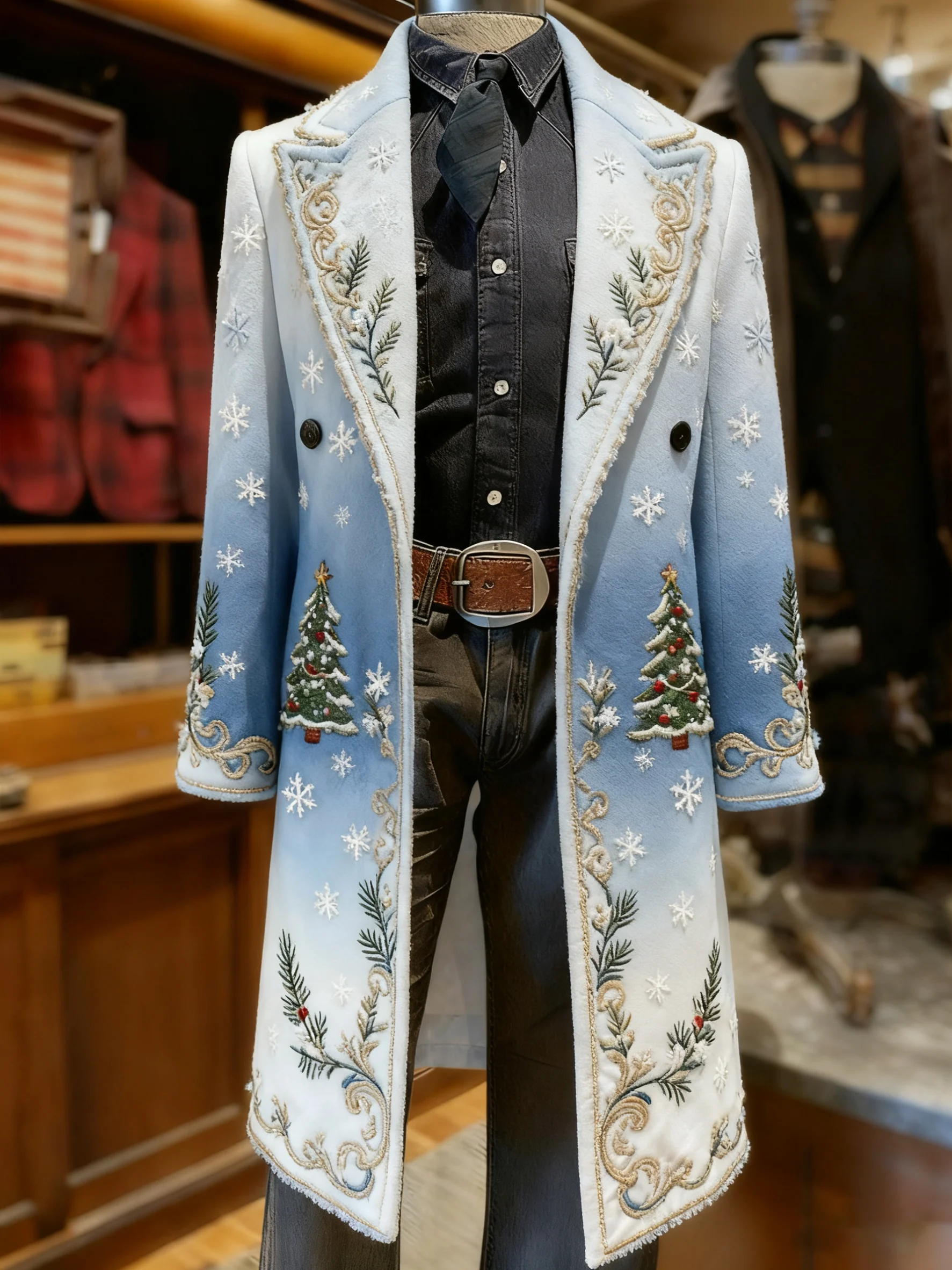 Men's Business Christmas Snowflake Long Wool Coat