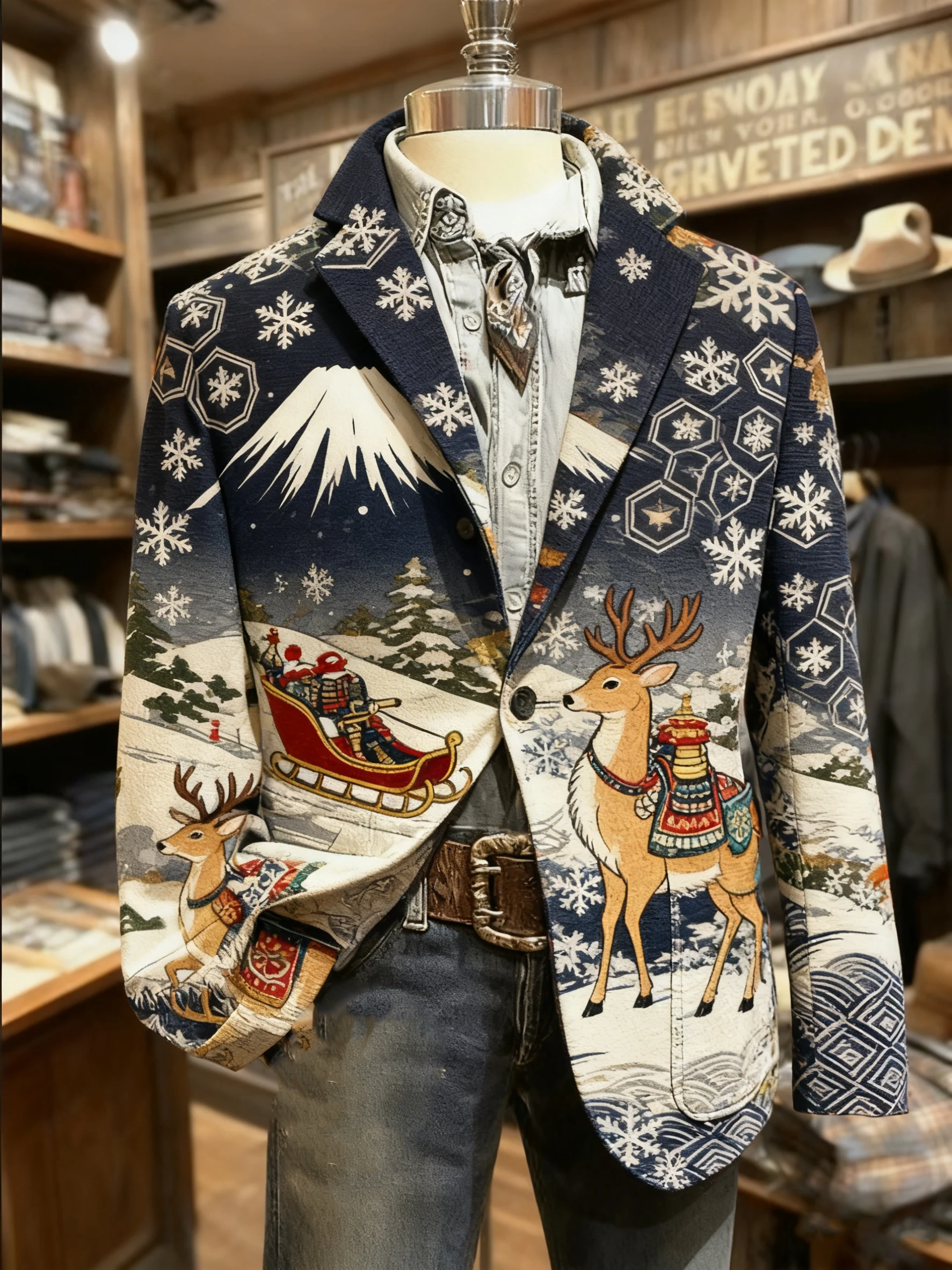 Men's Vintage Ukiyo-e Christmas Santa Print Casual Jacket
