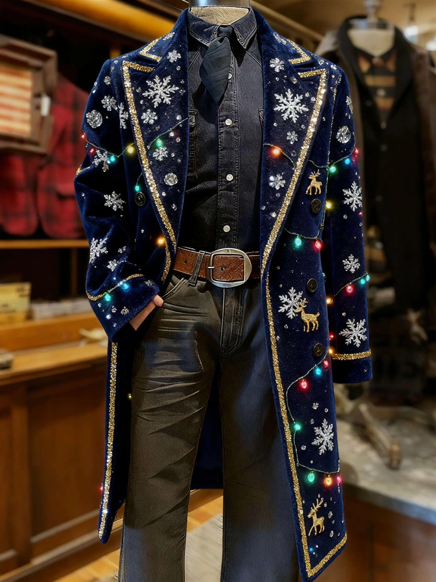 Men's Business Christmas Snowflake Bell Long Wool Coat
