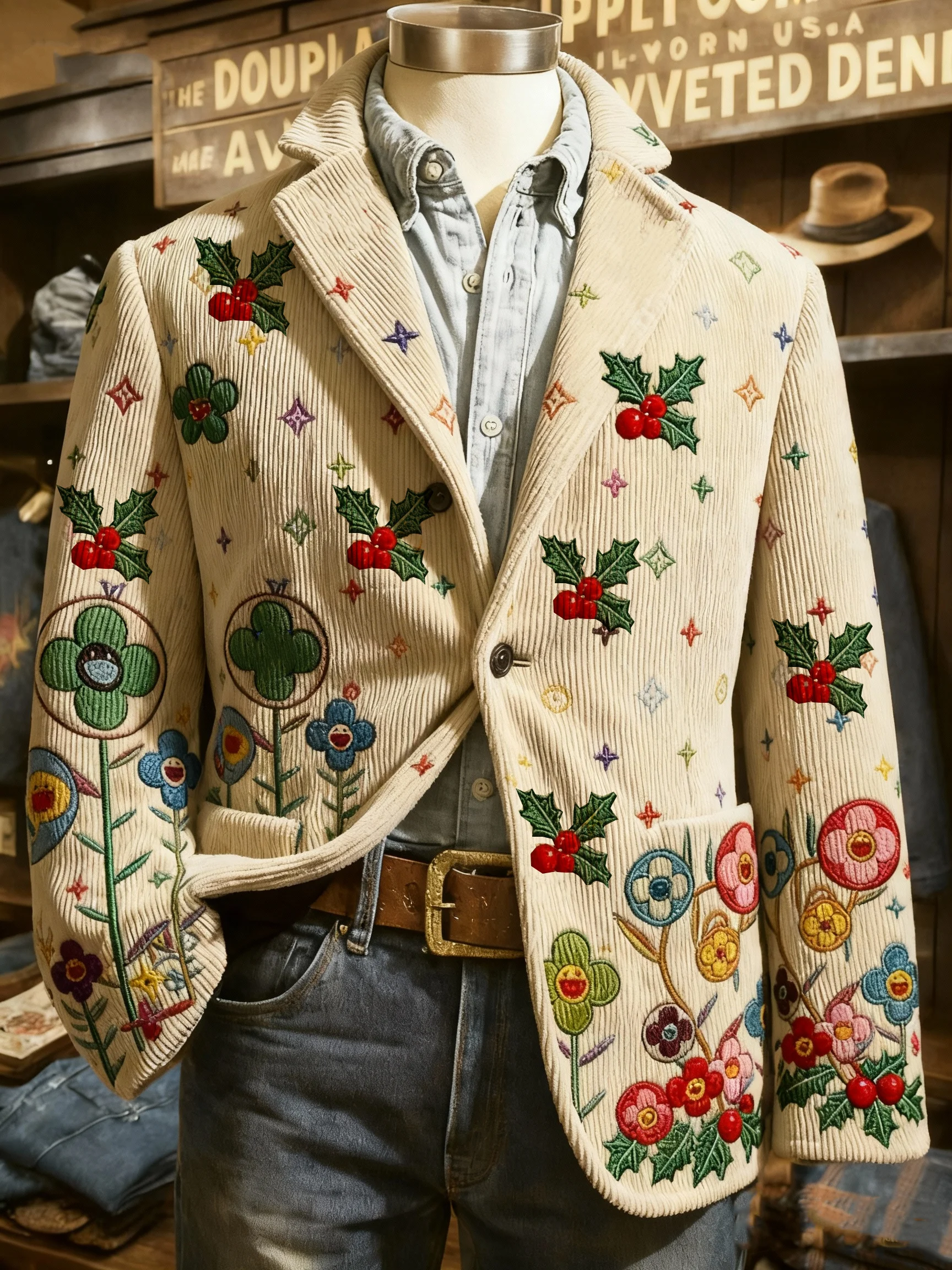 Vintage Christmas Holly Berry Print Casual Jacket