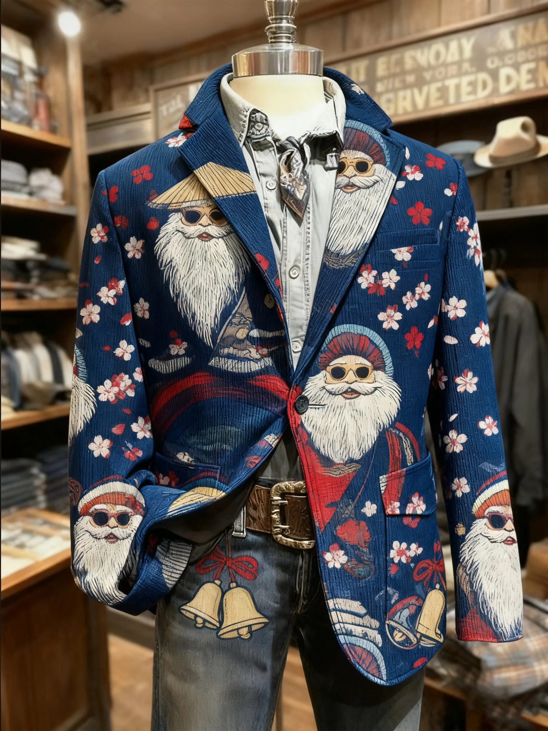 Men's Vintage Ukiyo-e Christmas Santa Print Casual Jacket