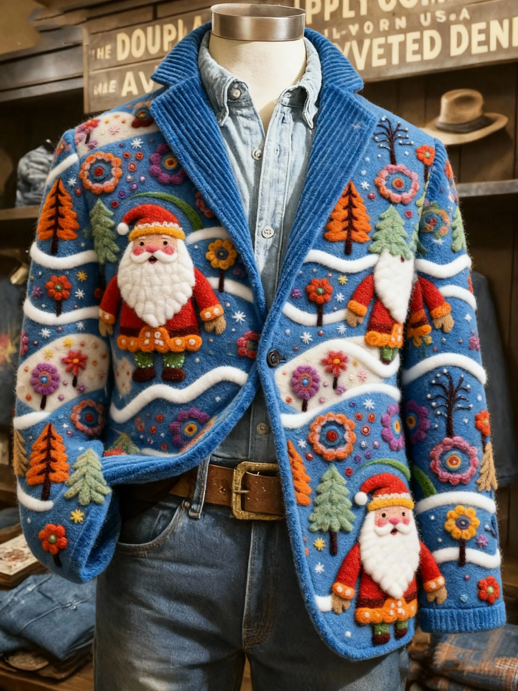 Vintage Christmas Santa Snowflakes Print Casual Jacket