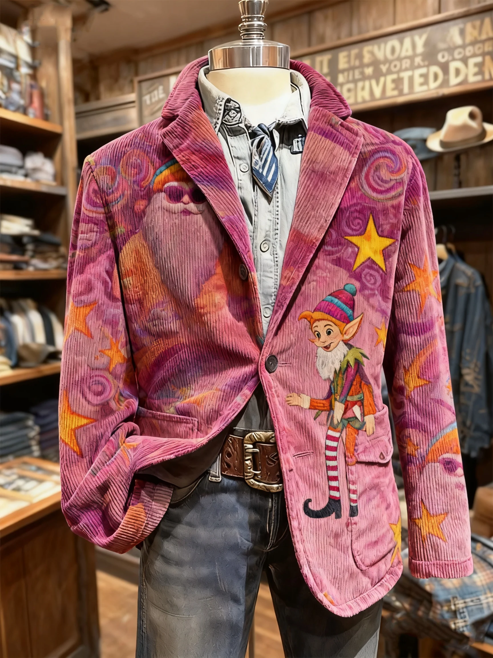 Vintage Christmas Santa Elf Print Casual Jacket