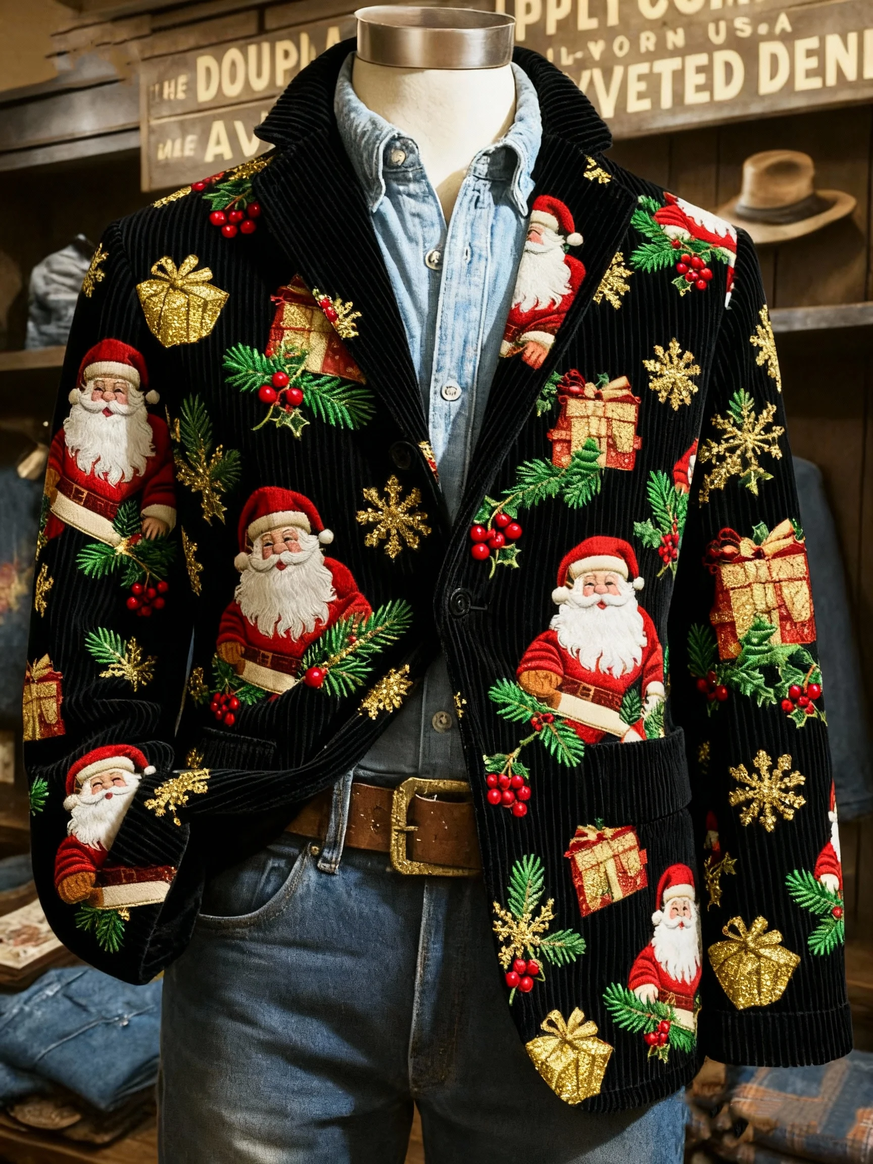 Vintage Christmas Santa Holly Redberry Print Casual Jacket