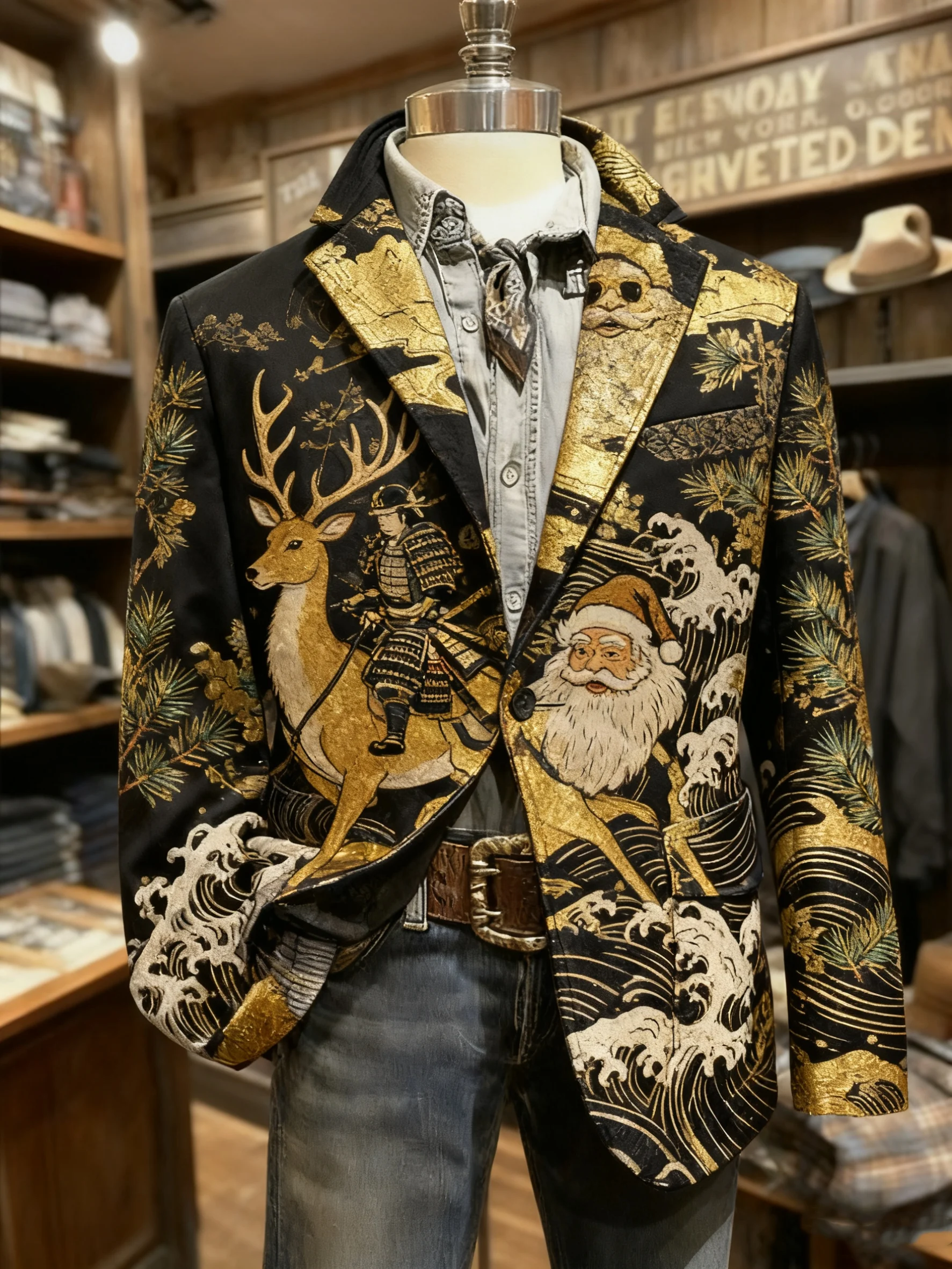 Men's Vintage Ukiyo-e Christmas Santa Print Casual Jacket