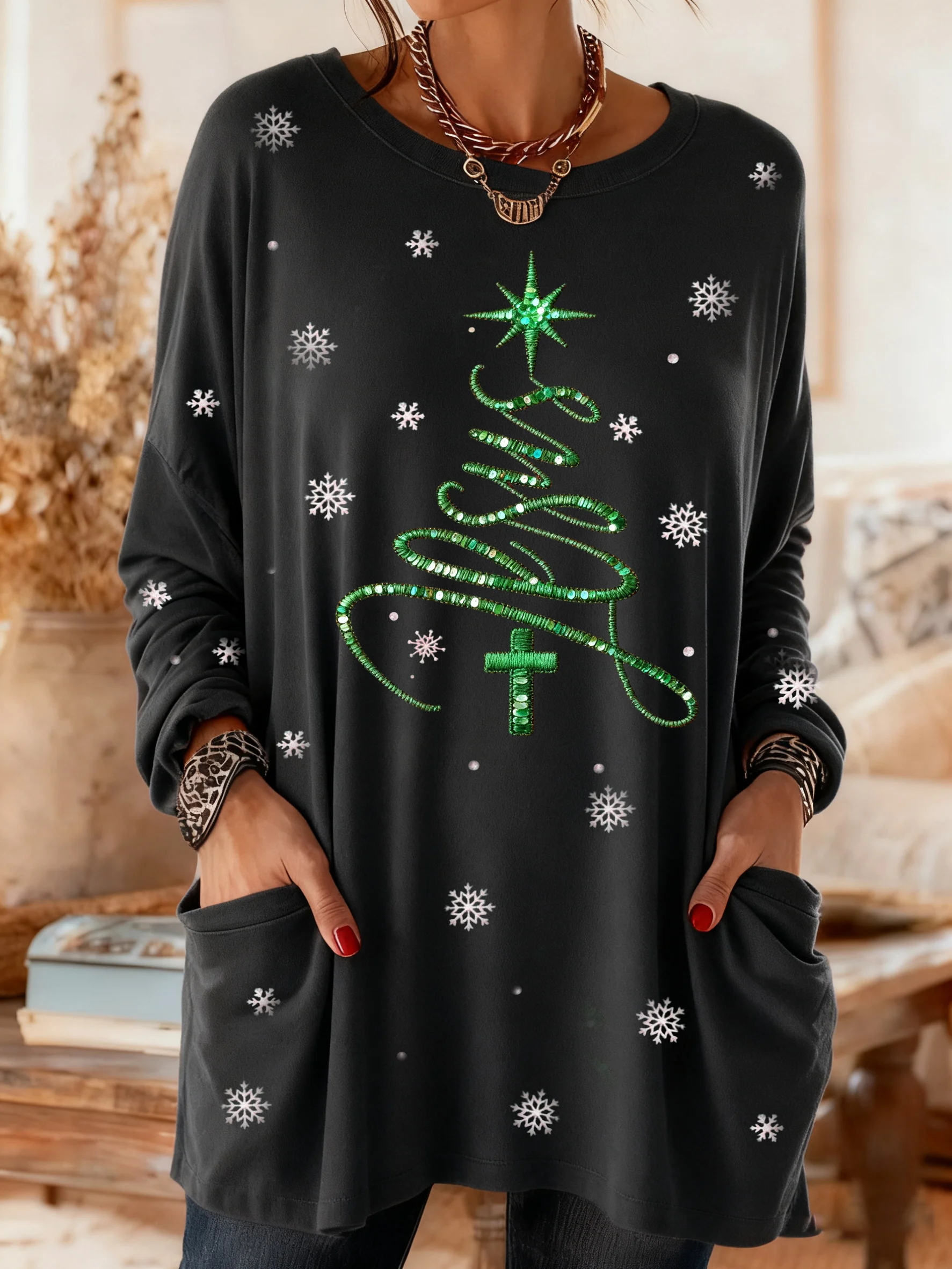 Women's Casual Retro Christmas Jesus Pocket Autumn and Winter T-shirt
