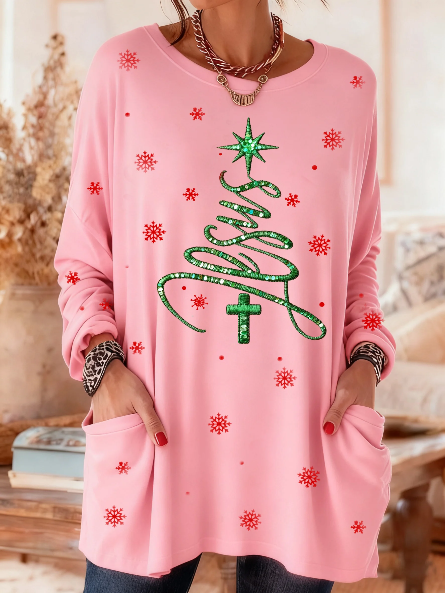 Women's Casual Retro Christmas Jesus Pocket Autumn and Winter T-shirt