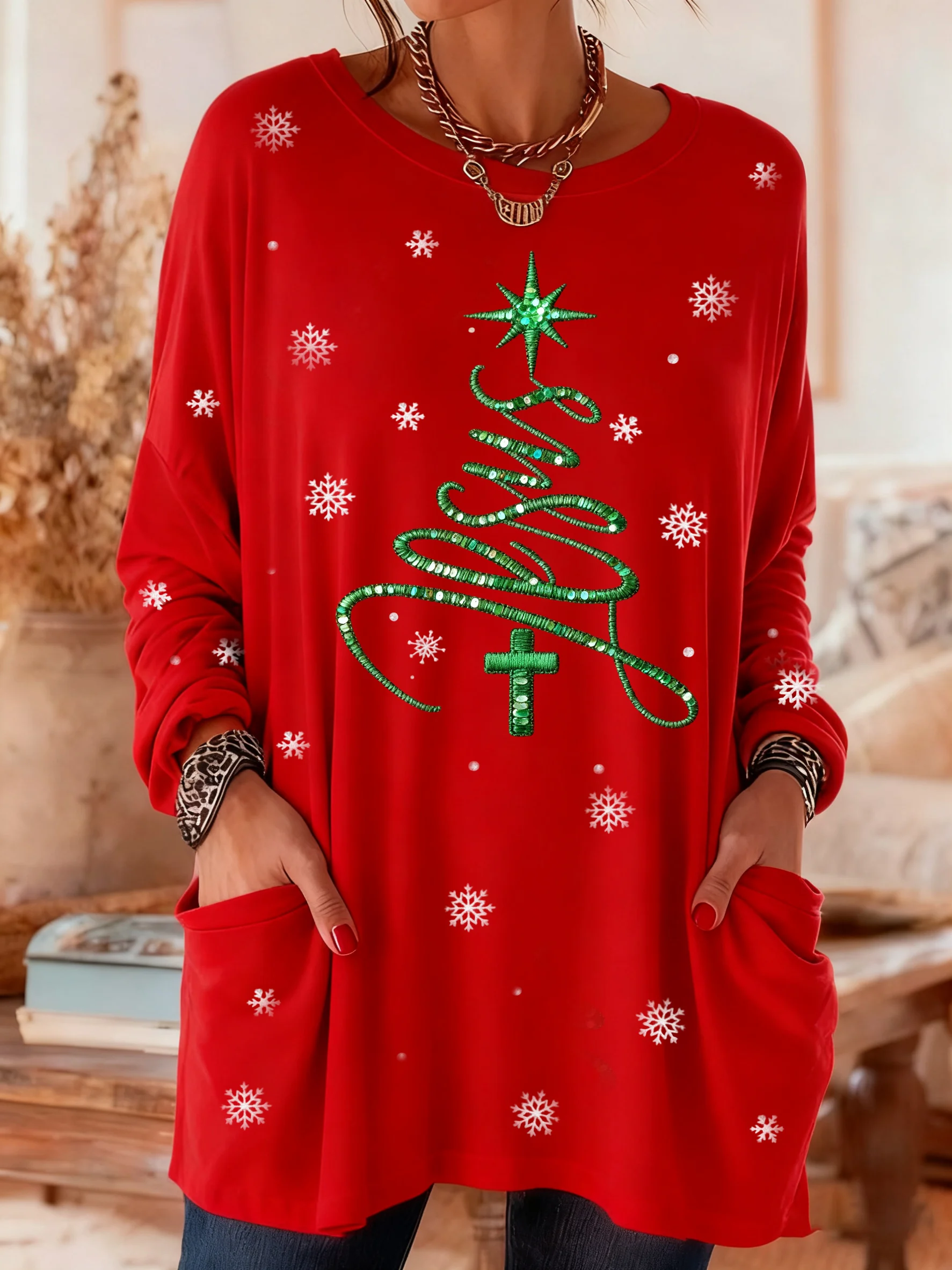 Women's Casual Retro Christmas Jesus Pocket Autumn and Winter T-shirt