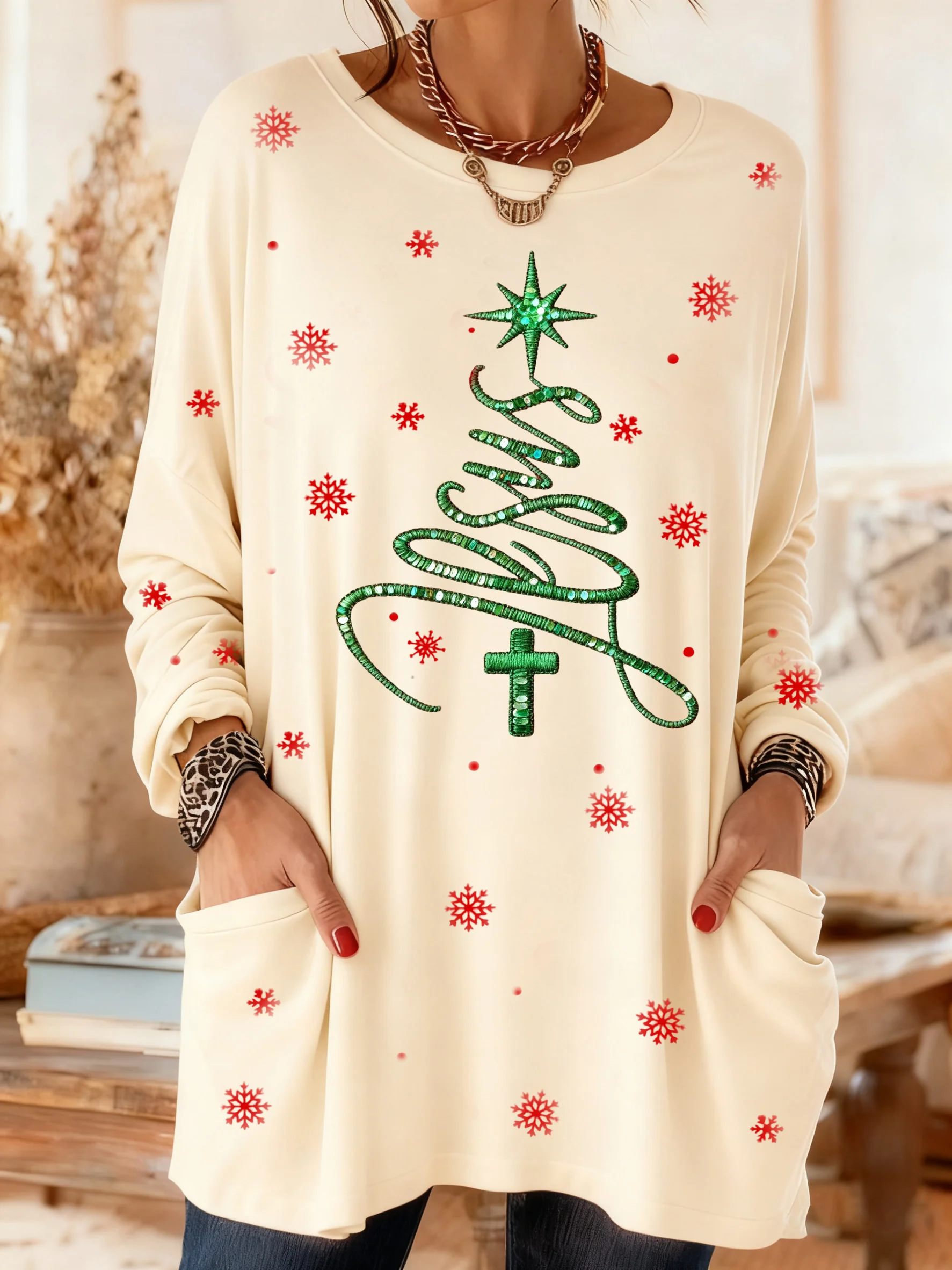 Women's Casual Retro Christmas Jesus Pocket Autumn and Winter T-shirt