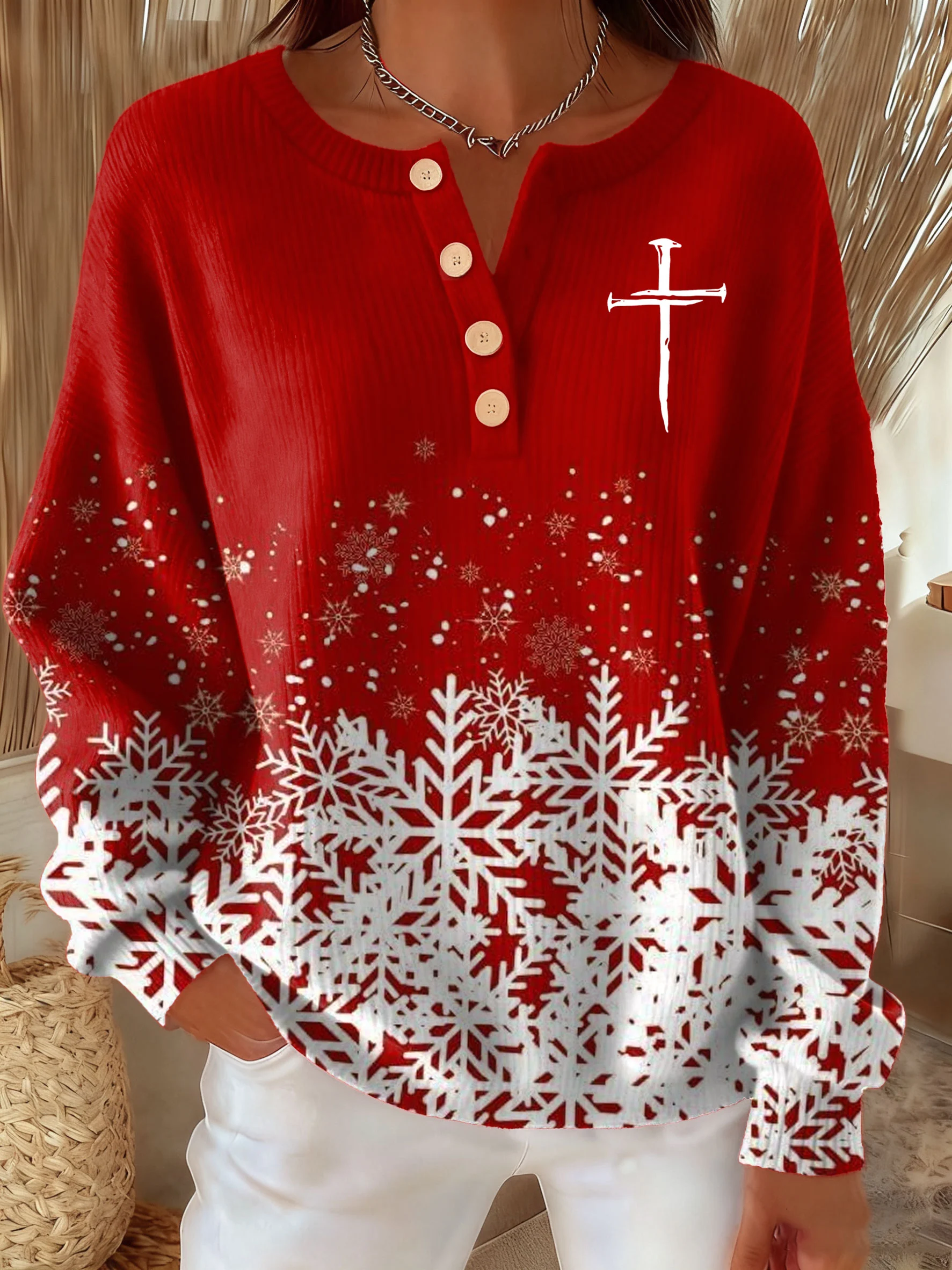 Women's Christmas Cross Print Zipper Stand Collar Sweatshirt