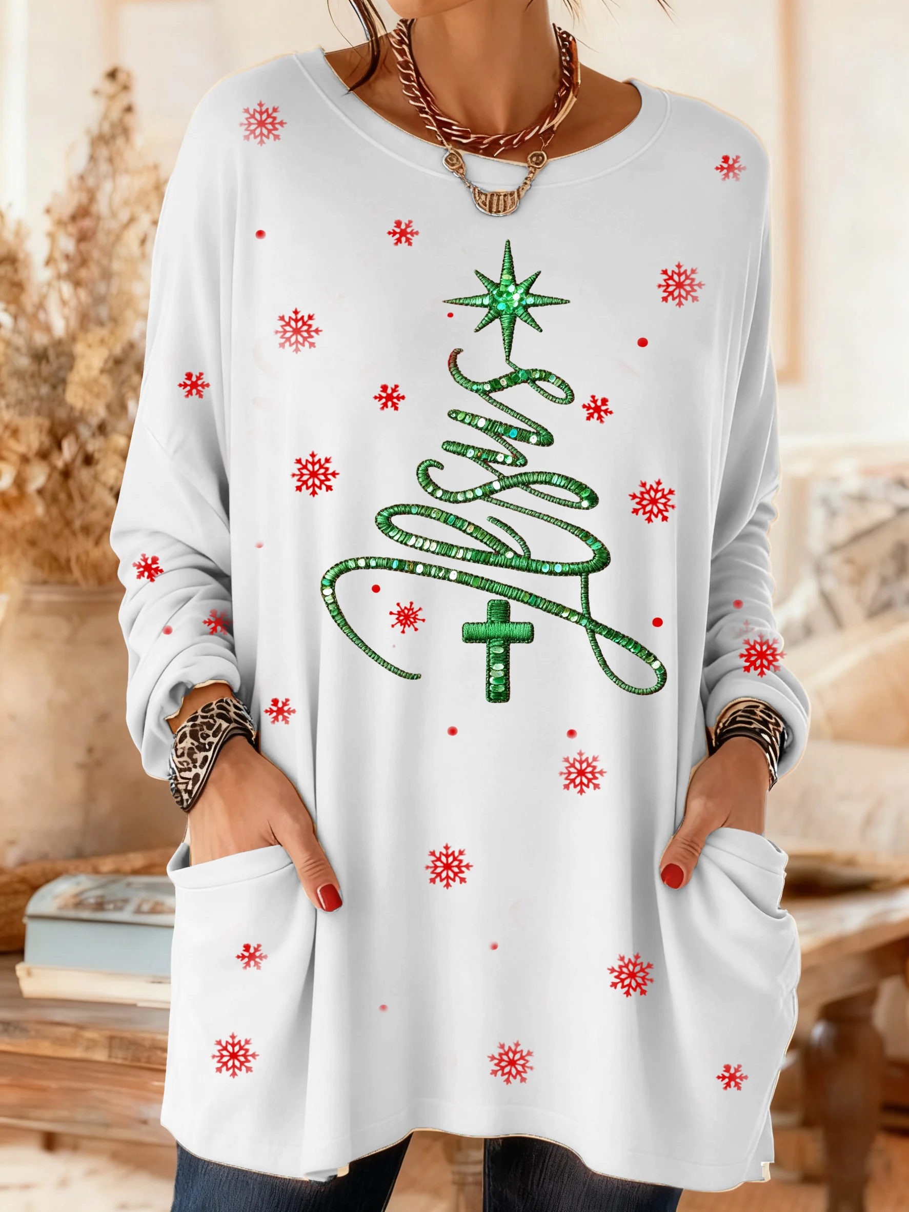 Women's Casual Retro Christmas Jesus Pocket Autumn and Winter T-shirt