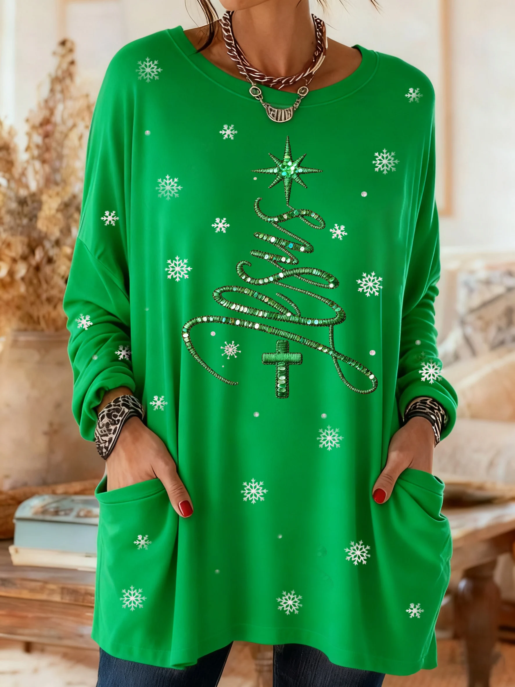 Women's Casual Retro Christmas Jesus Pocket Autumn and Winter T-shirt