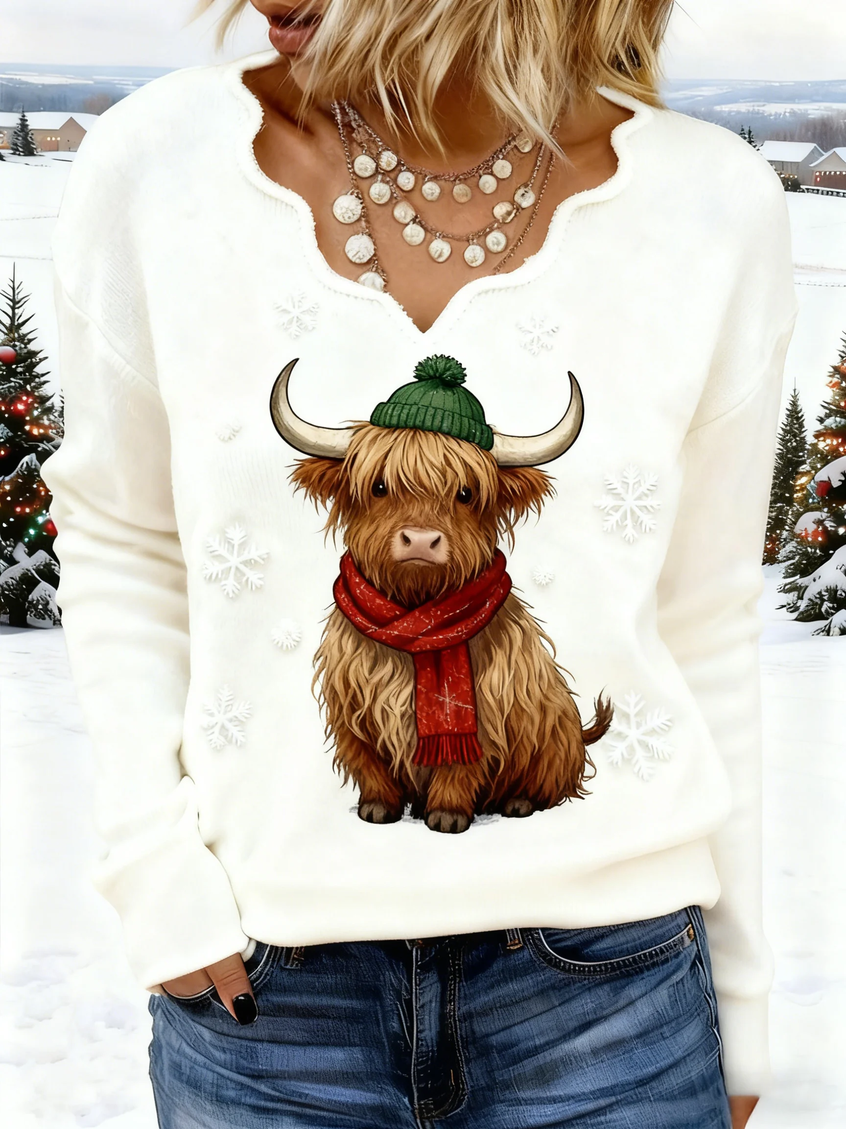 Women's Highland Cattle Print Flannel Sweatshirt