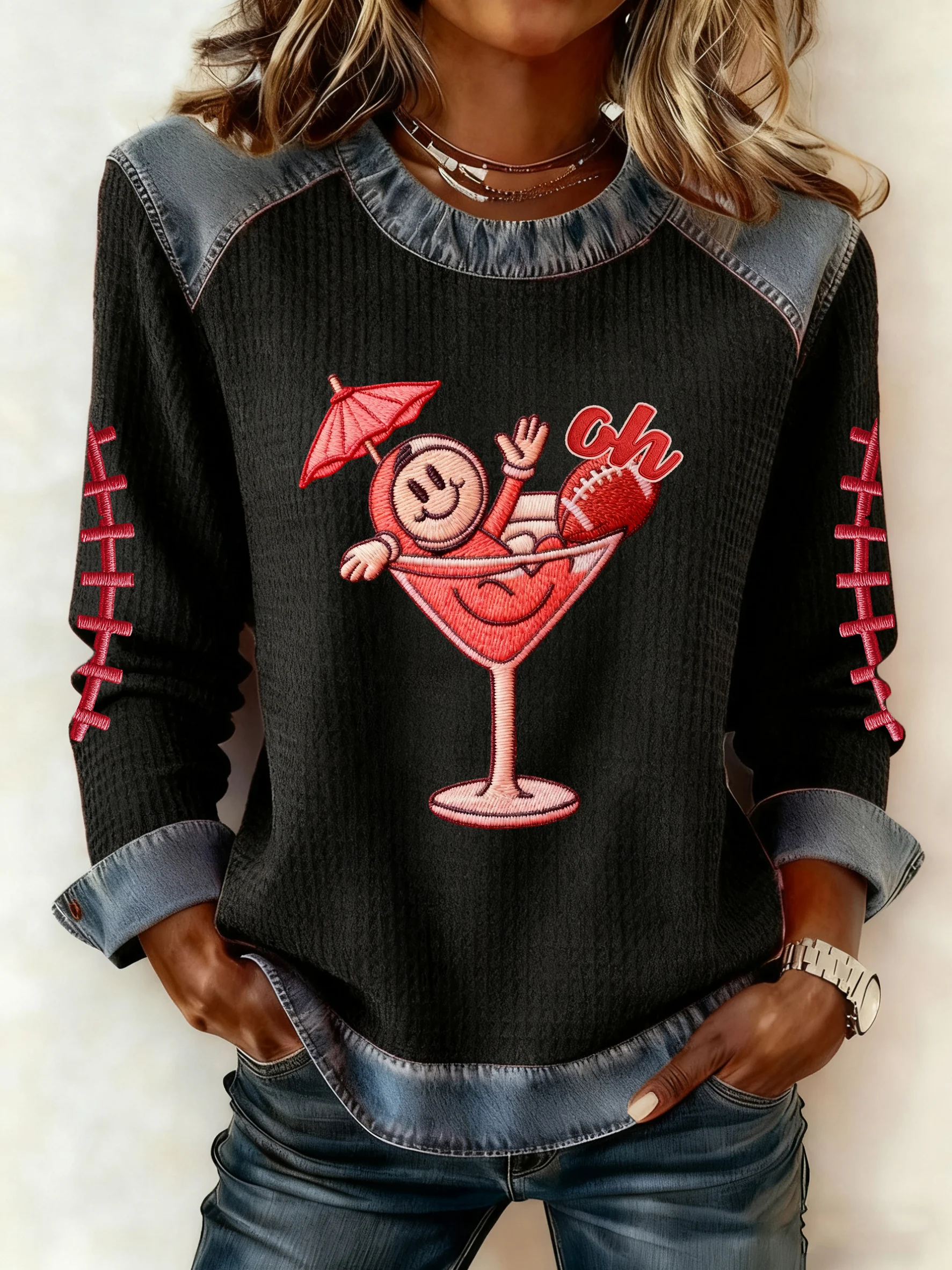 Women's Autumn/Winter Football Imitation Denim Print Top