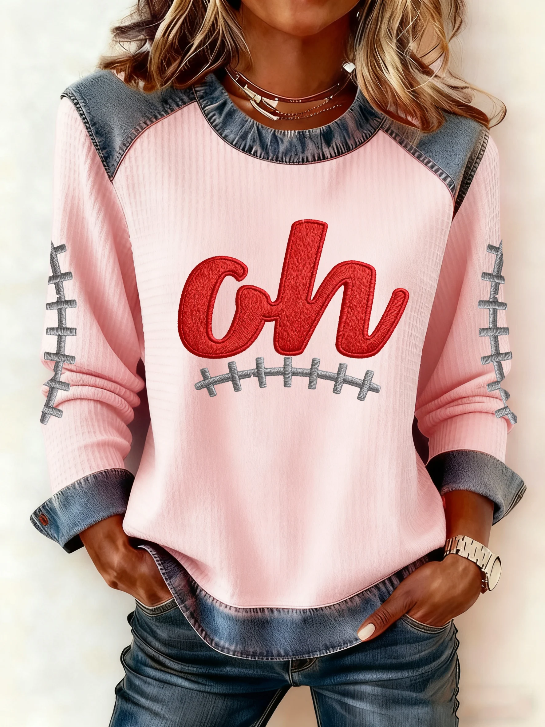 Women's Autumn/Winter Football Imitation Denim Print Top