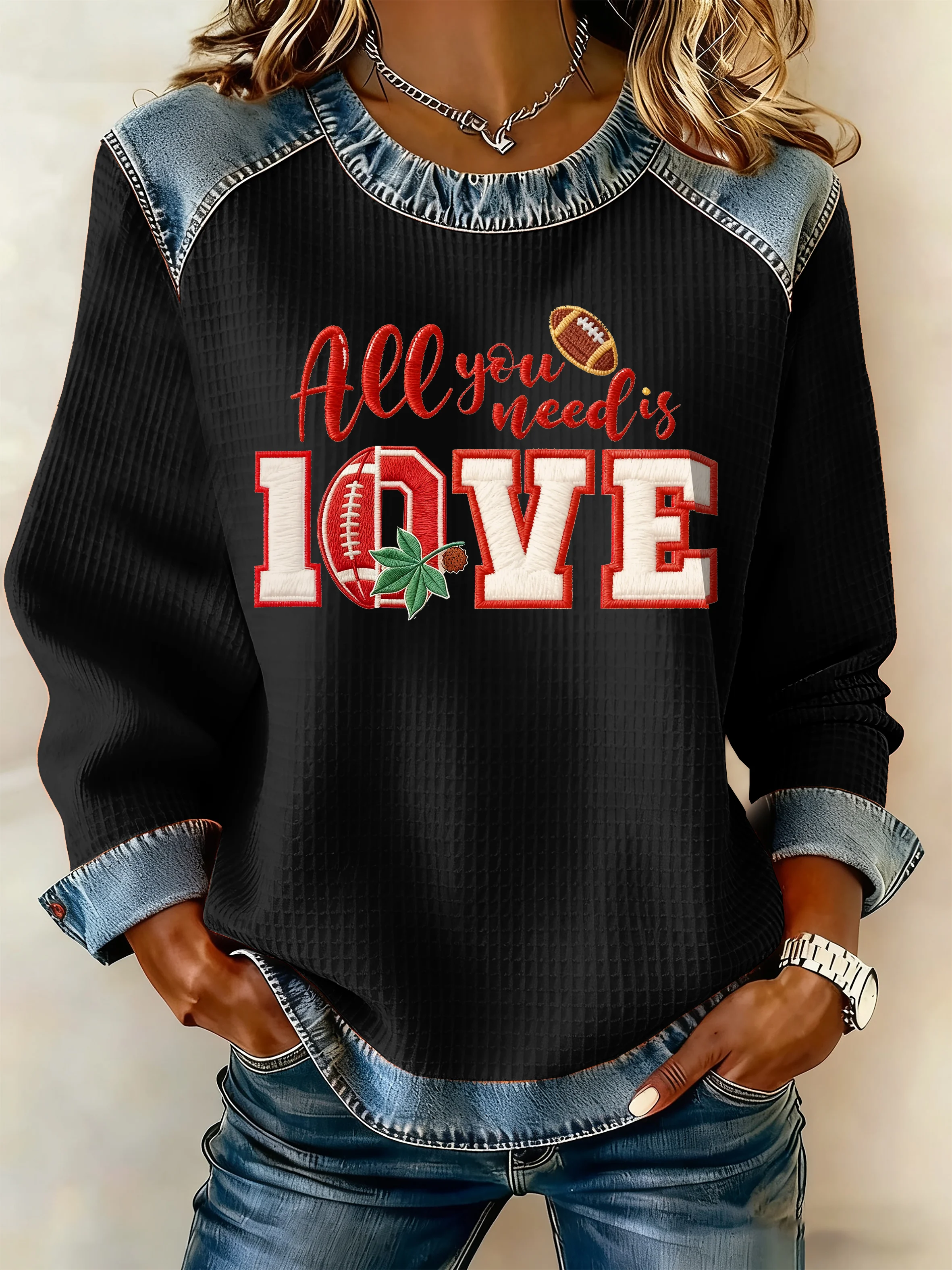 Women's Winter Rugby Round Neck Denim Print Topp