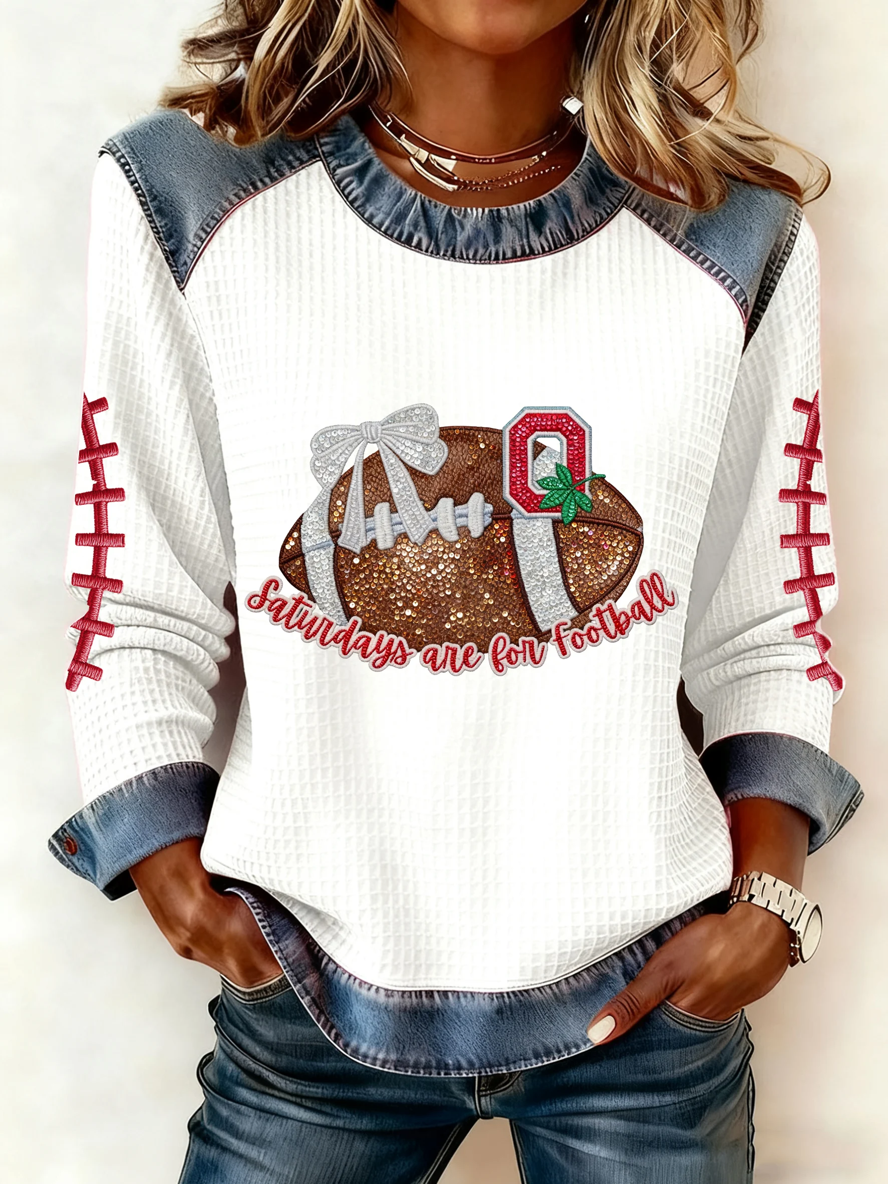 Women's Autumn/Winter Football Imitation Denim Print Top