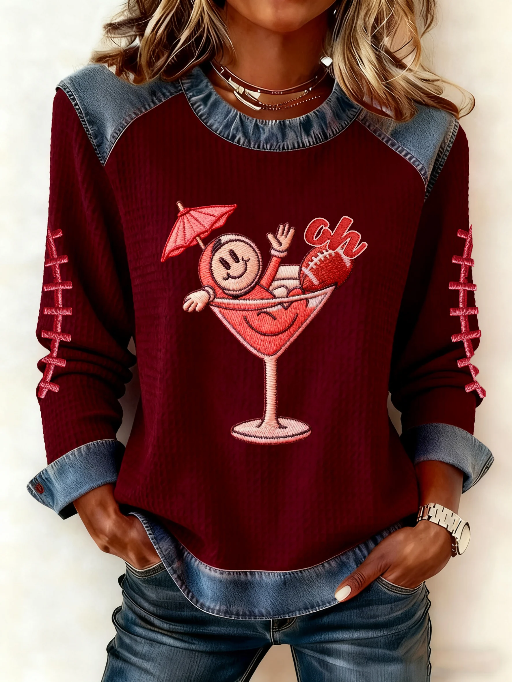 Women's Autumn/Winter Football Imitation Denim Print Top